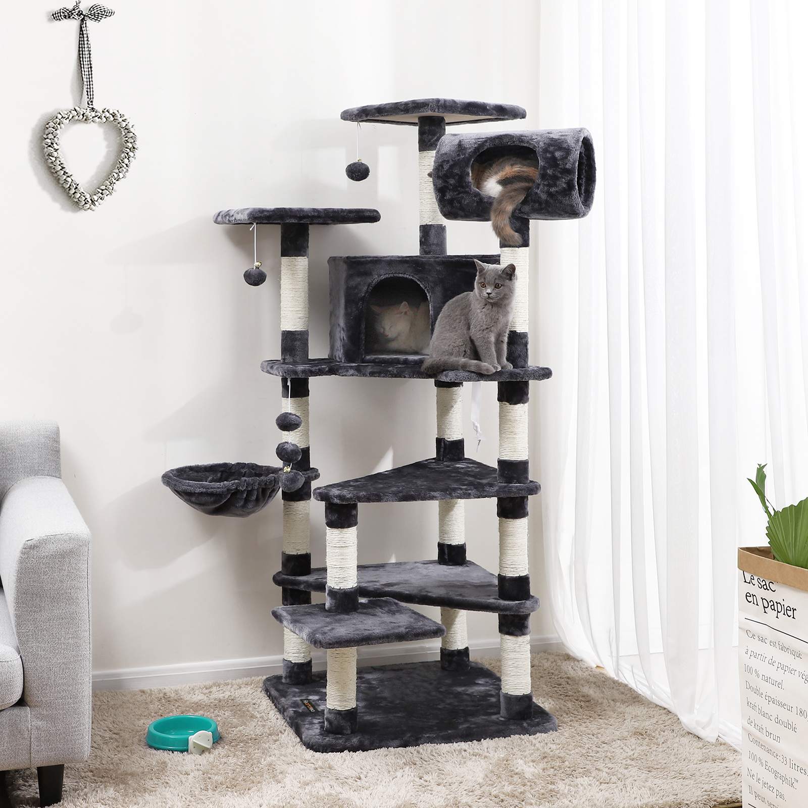 Multi-Level Cat Tree – Engineered Wood – Smoky Grey – Spacious Design