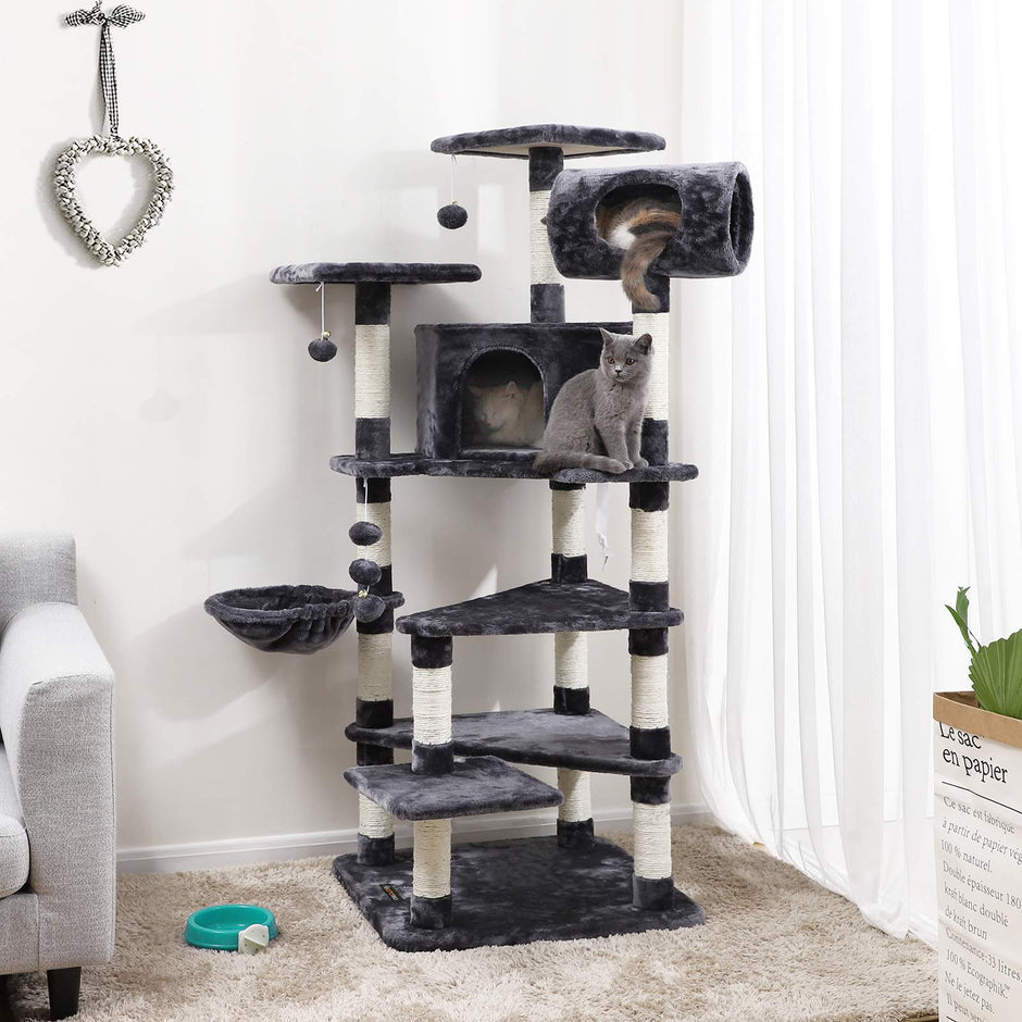 Multi-Level Cat Tree – Engineered Wood – Smoky Grey – Spacious Design