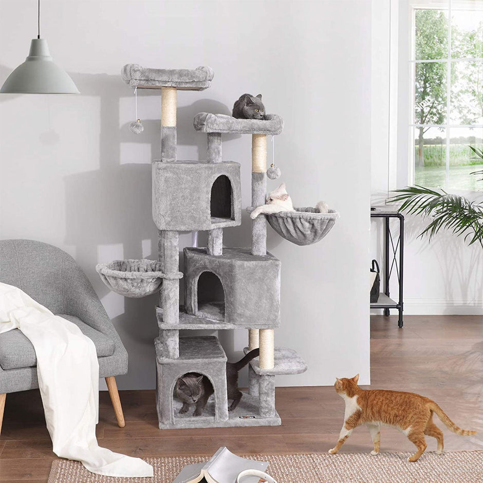 Cat Tower – Engineered Wood – Light Grey – 3-Level with Cat Caves