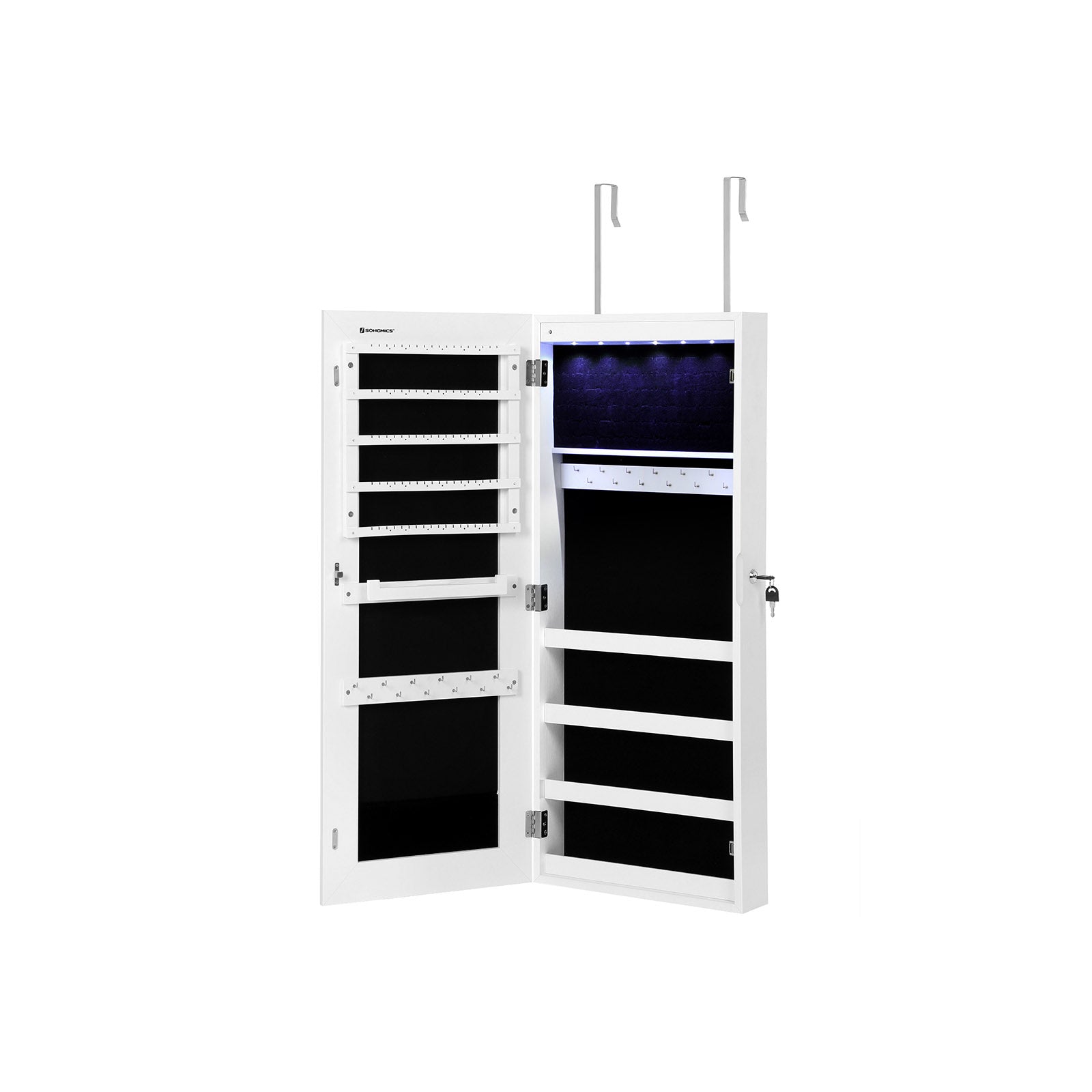 Jewelry Armoire – Wood – White – Wall-Mounted with LED Lighting and Full-Length Mirror