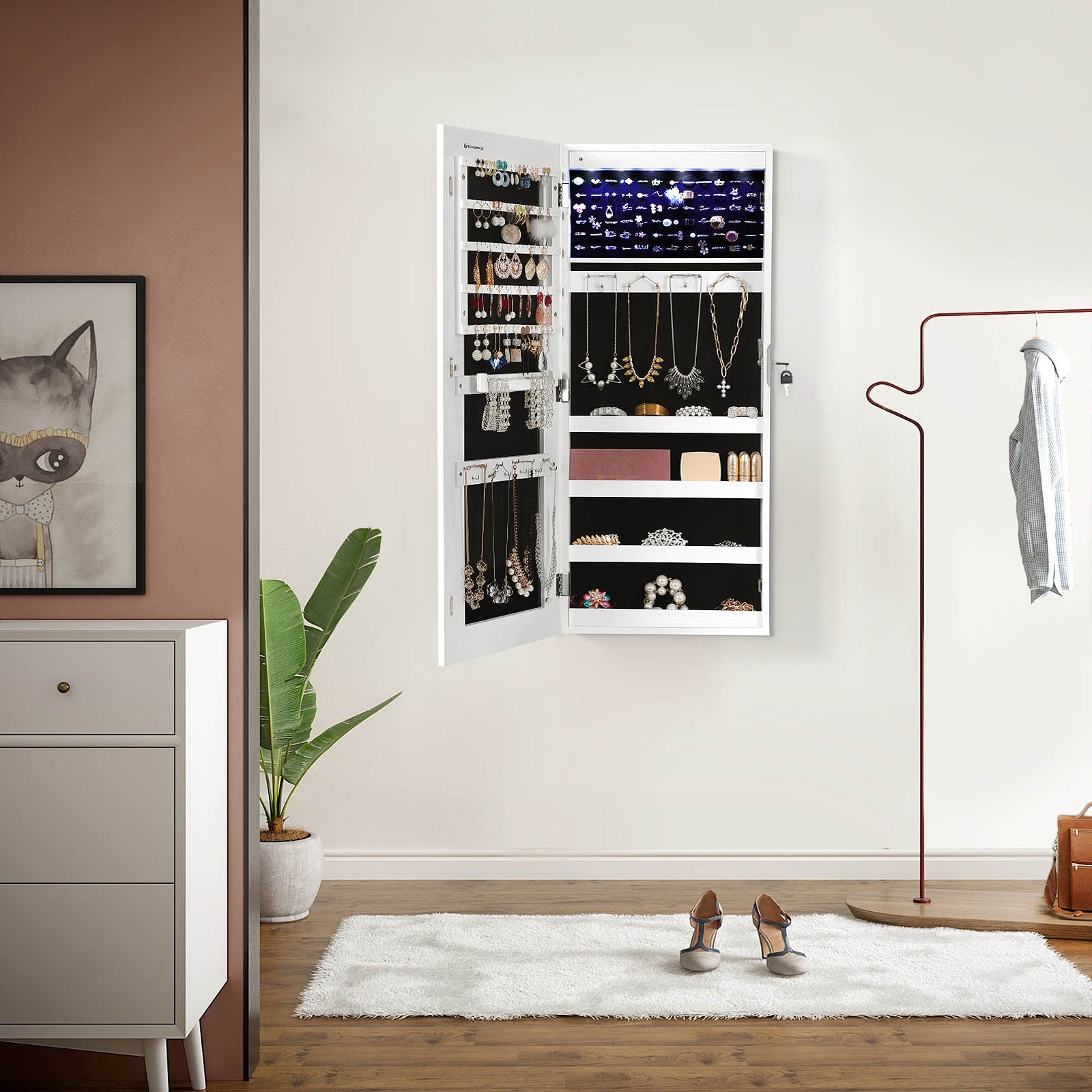 Jewelry Armoire – Wood – White – Wall-Mounted with LED Lighting and Full-Length Mirror