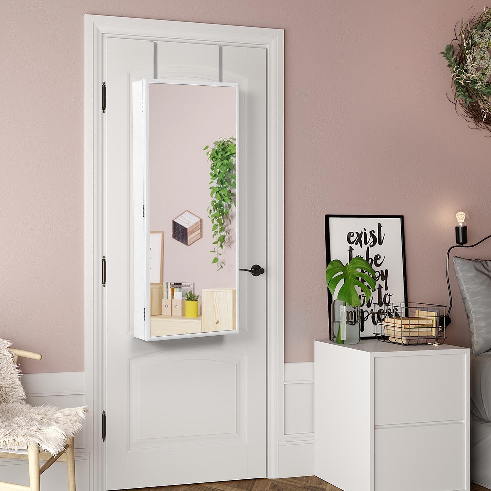 Jewelry Armoire – Wood – White – Wall-Mounted with LED Lighting and Full-Length Mirror