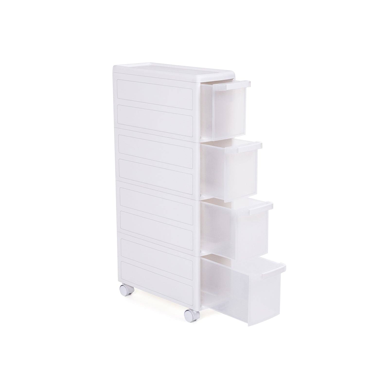 Narrow Gap Storage Shelf – PP Plastic – White – 4-Tier Detachable Design with Wheels