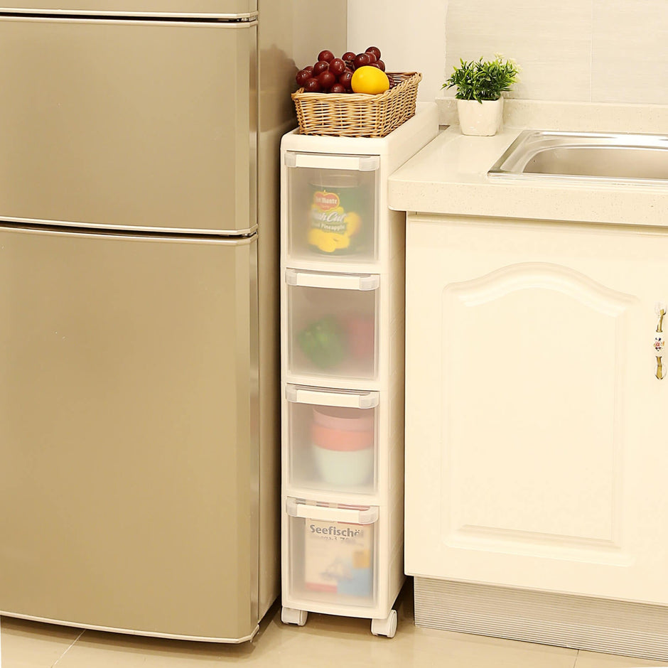 Narrow Gap Storage Shelf – PP Plastic – White – 4-Tier Detachable Design with Wheels