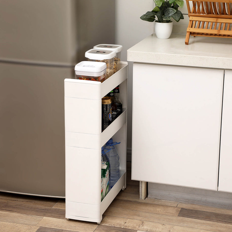 Narrow Storage Rolling Trolley – Metal – White – 3 Shelves for Kitchen, Bathroom, and Cellar