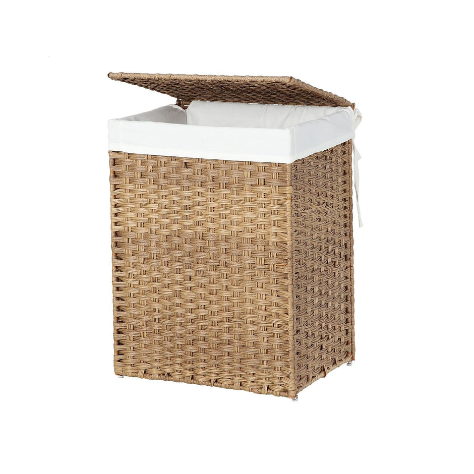 Double Laundry Hamper – Synthetic Rattan – Natural – Foldable with Lid and Removable Liner