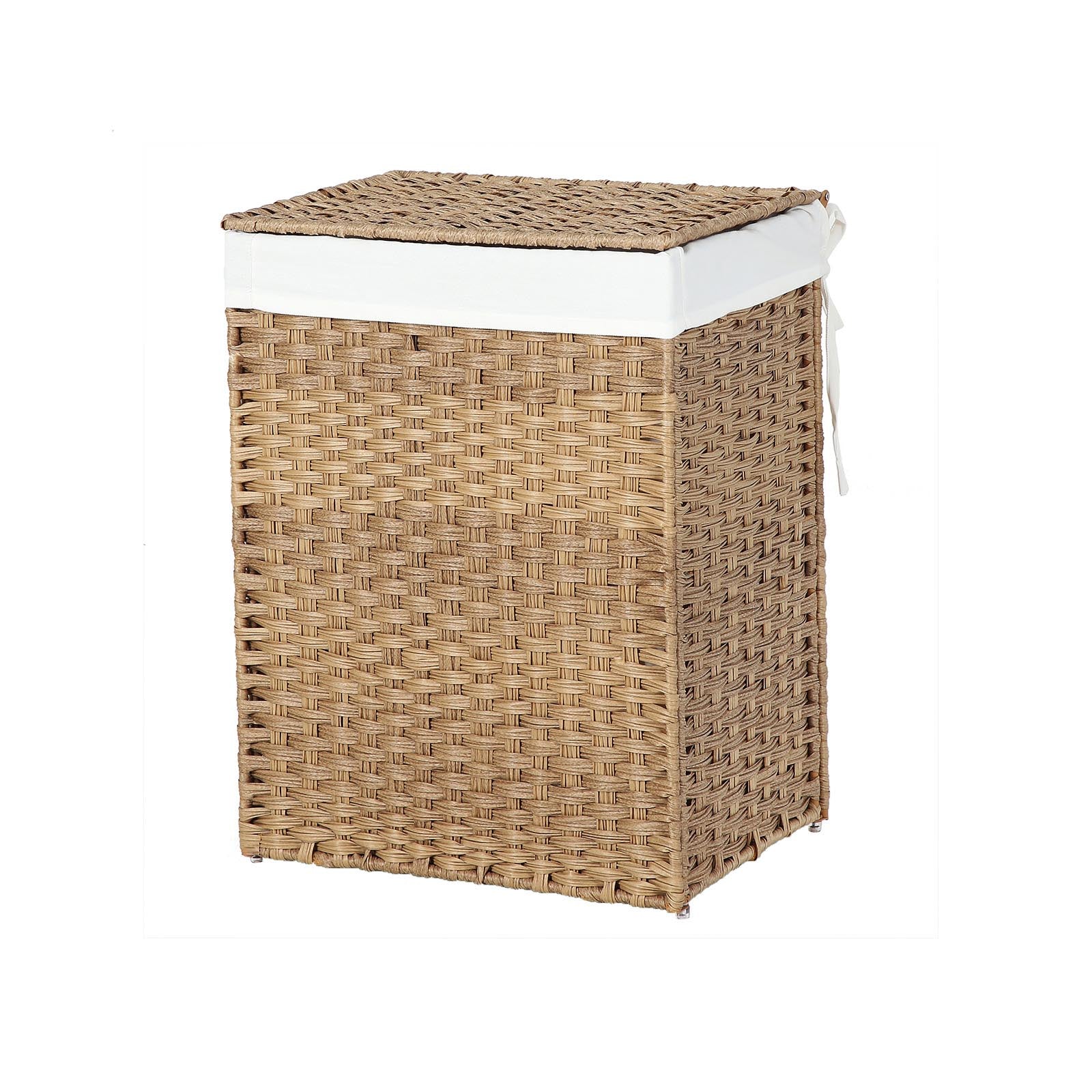 Double Laundry Hamper – Synthetic Rattan – Natural – Foldable with Lid and Removable Liner