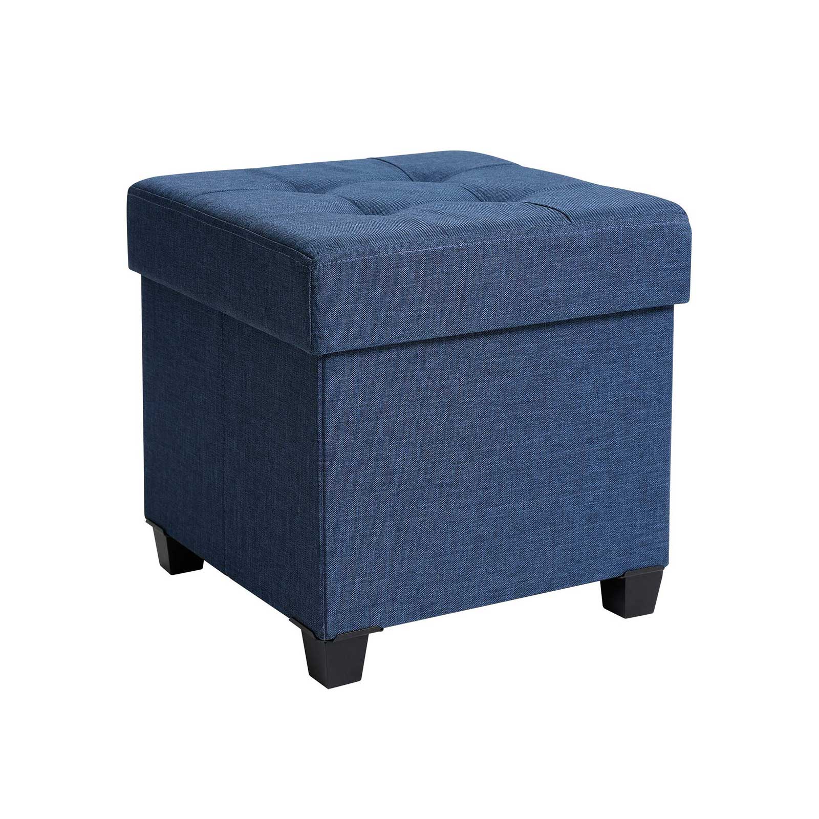 Collapsible Cube Ottoman – Fabric – Navy Blue – Versatile Storage and Foot Stool with Wooden Feet