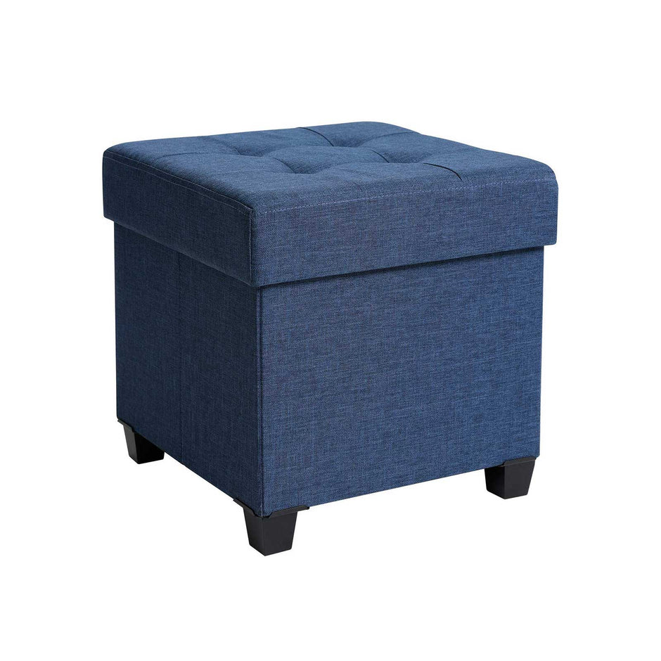 Collapsible Cube Ottoman – Fabric – Navy Blue – Versatile Storage and Foot Stool with Wooden Feet