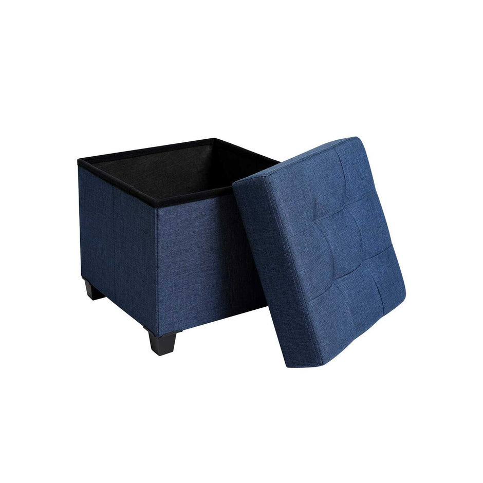Collapsible Cube Ottoman – Fabric – Navy Blue – Versatile Storage and Foot Stool with Wooden Feet