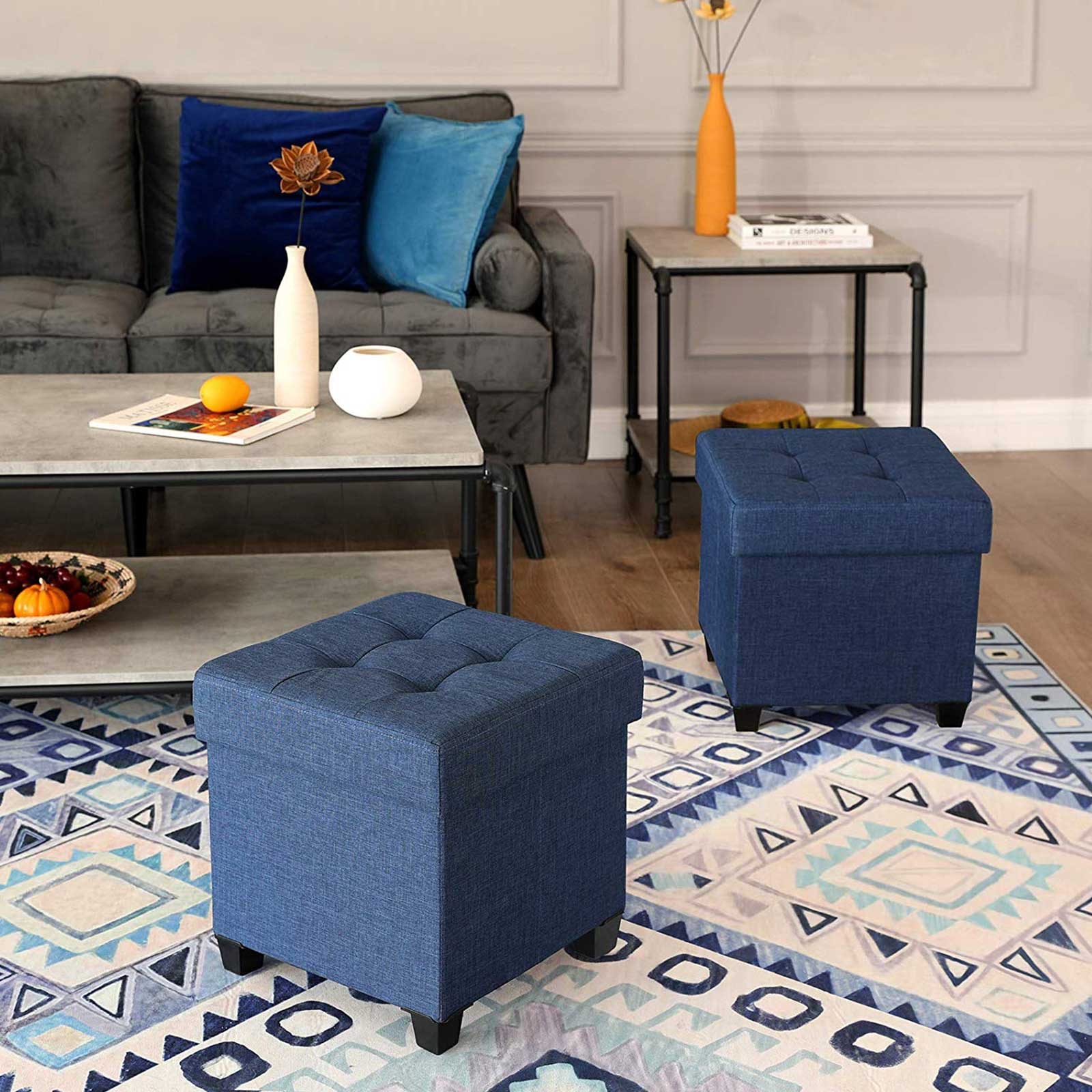 Collapsible Cube Ottoman – Fabric – Navy Blue – Versatile Storage and Foot Stool with Wooden Feet