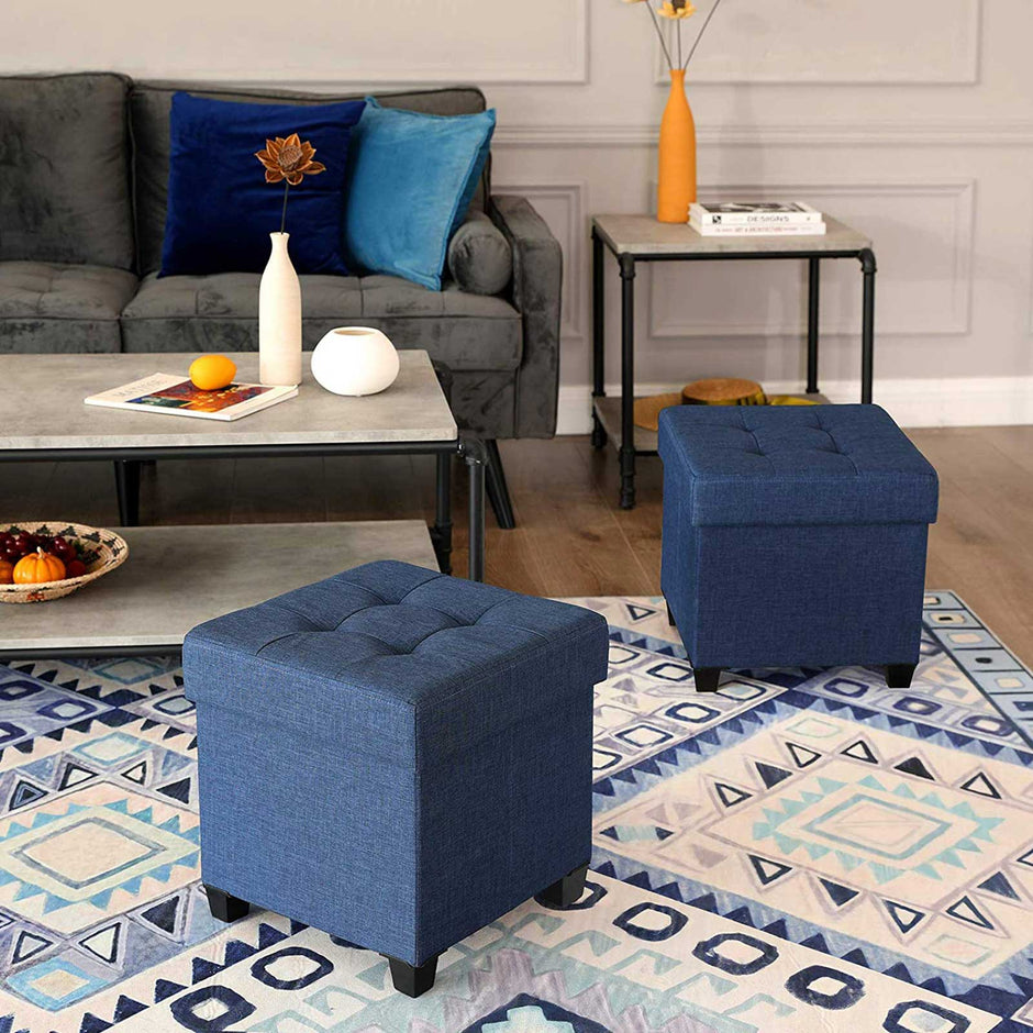 Collapsible Cube Ottoman – Fabric – Navy Blue – Versatile Storage and Foot Stool with Wooden Feet