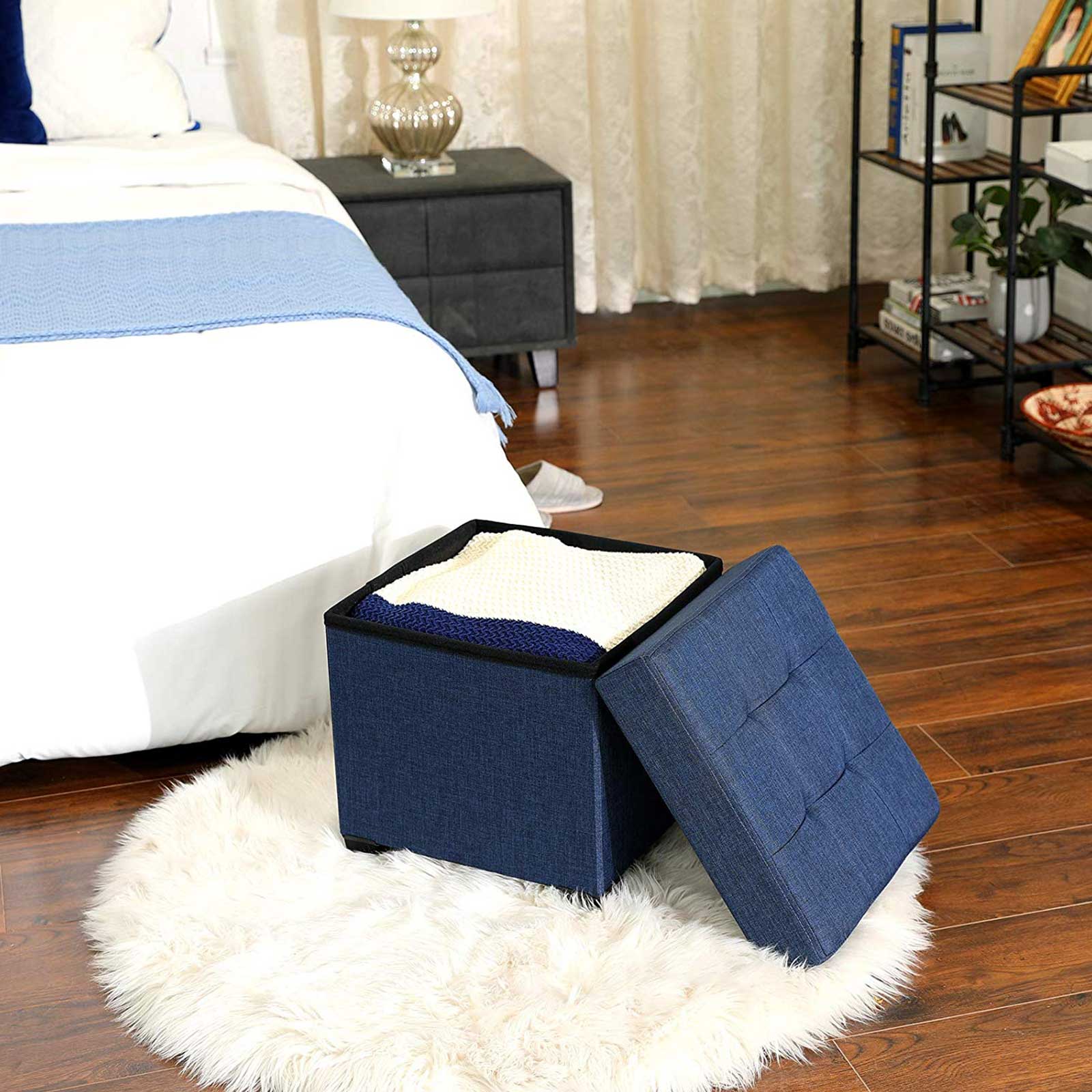 Collapsible Cube Ottoman – Fabric – Navy Blue – Versatile Storage and Foot Stool with Wooden Feet