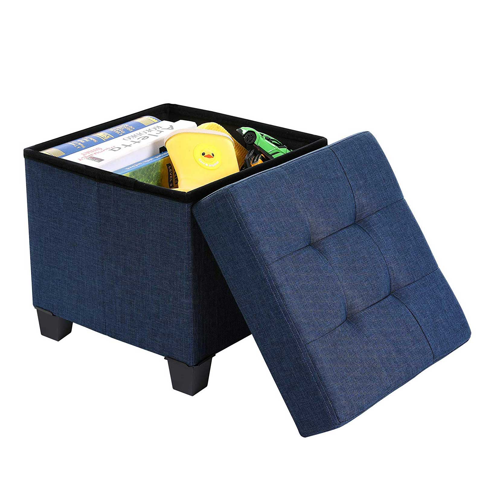 Collapsible Cube Ottoman – Fabric – Navy Blue – Versatile Storage and Foot Stool with Wooden Feet