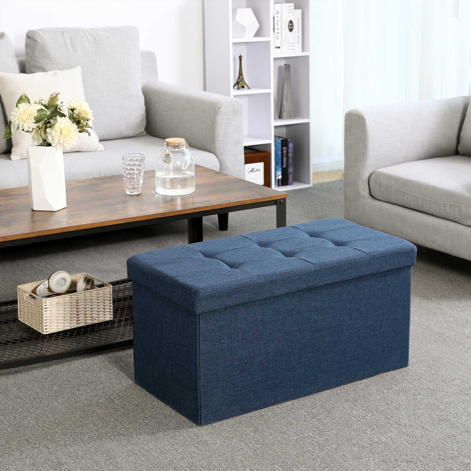 Storage Ottoman – Fabric – Navy Blue – Foldable with 80L Capacity