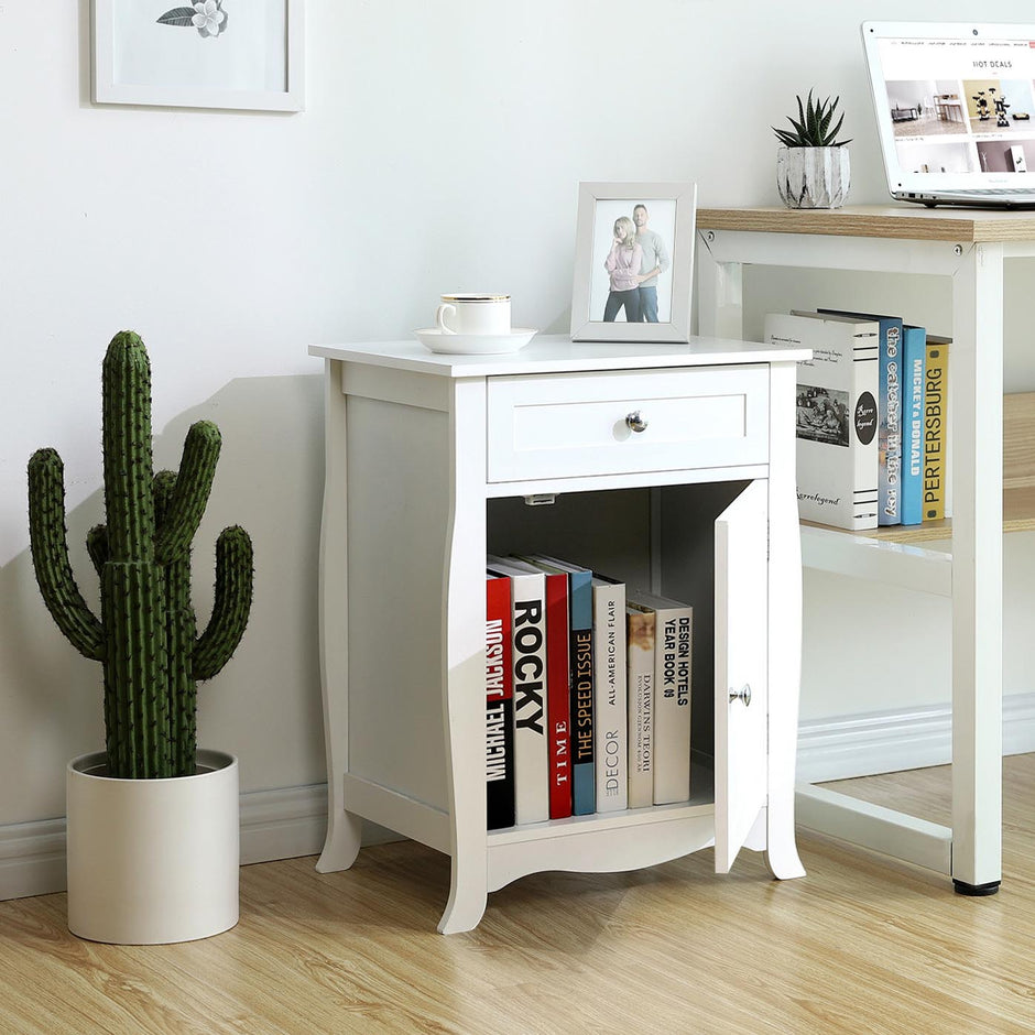 Nightstand – Wooden – White – Large Capacity with Storage Cabinet and Drawer