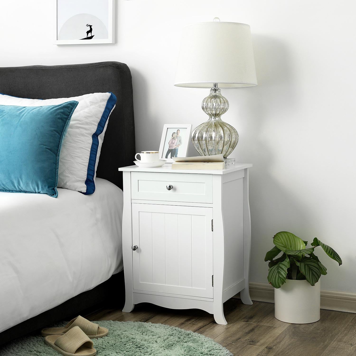 Nightstand – Wooden – White – Large Capacity with Storage Cabinet and Drawer