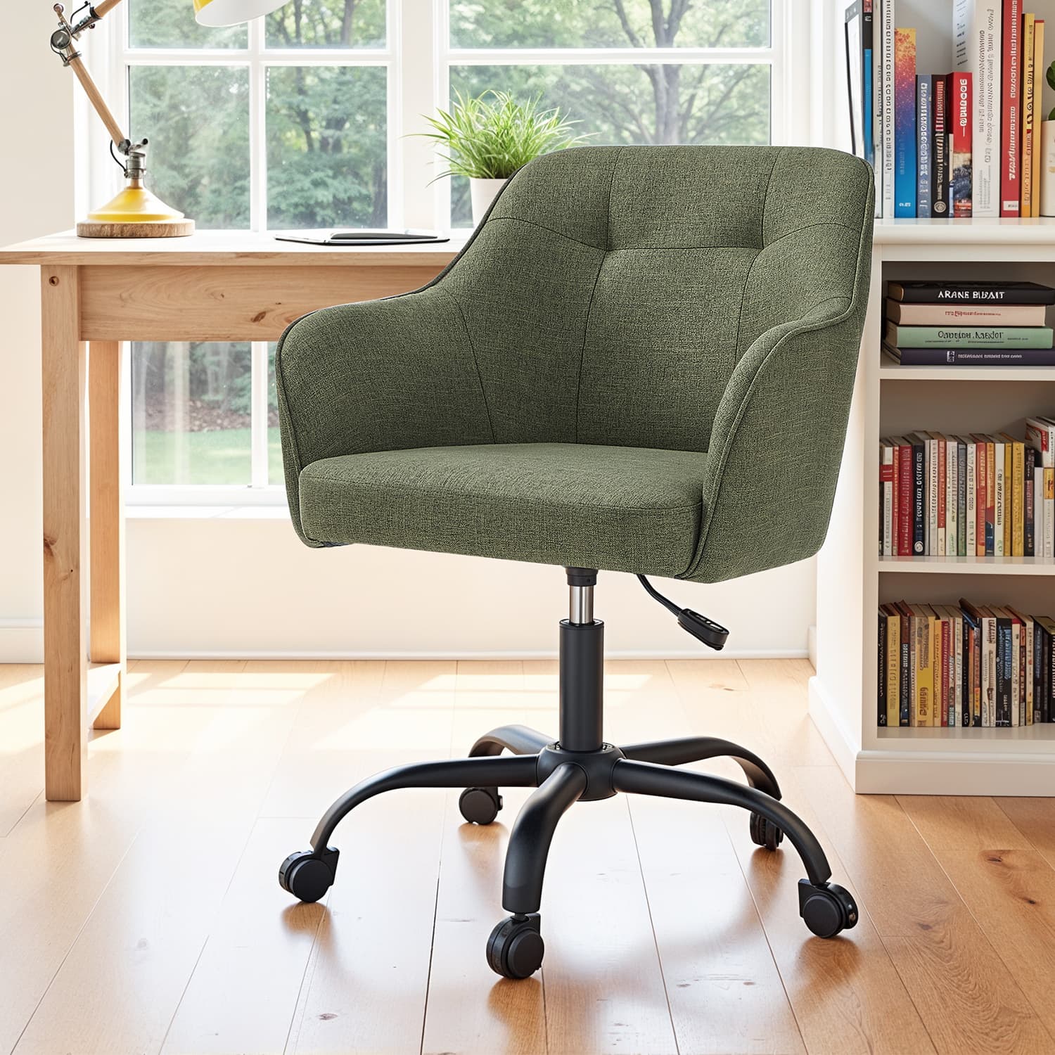 Desk Chair – Cotton-Linen Fabric – Green – Adjustable Height with Armrests