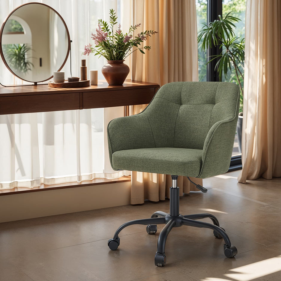 Desk Chair – Cotton-Linen Fabric – Green – Adjustable Height with Armrests