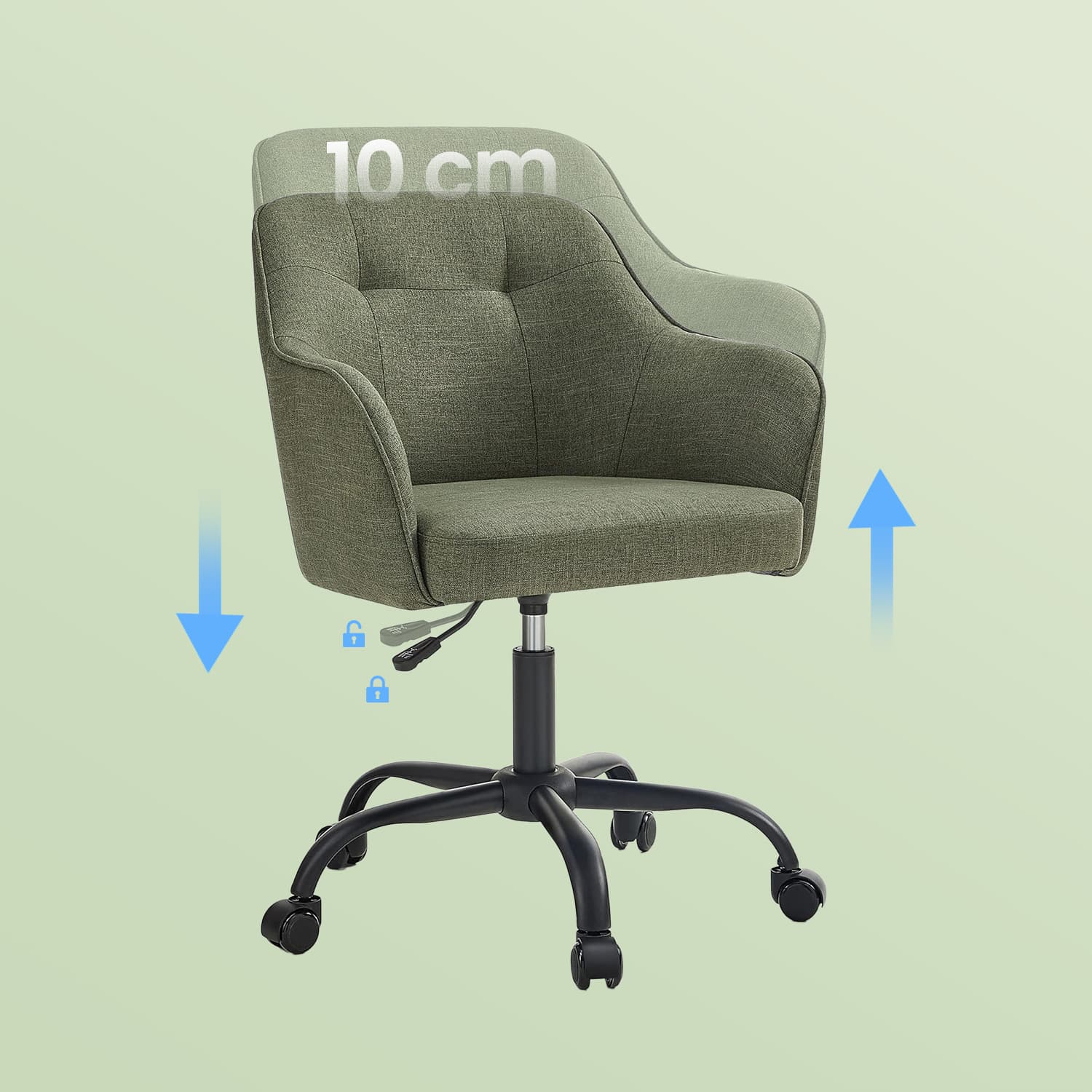 Desk Chair – Cotton-Linen Fabric – Green – Adjustable Height with Armrests