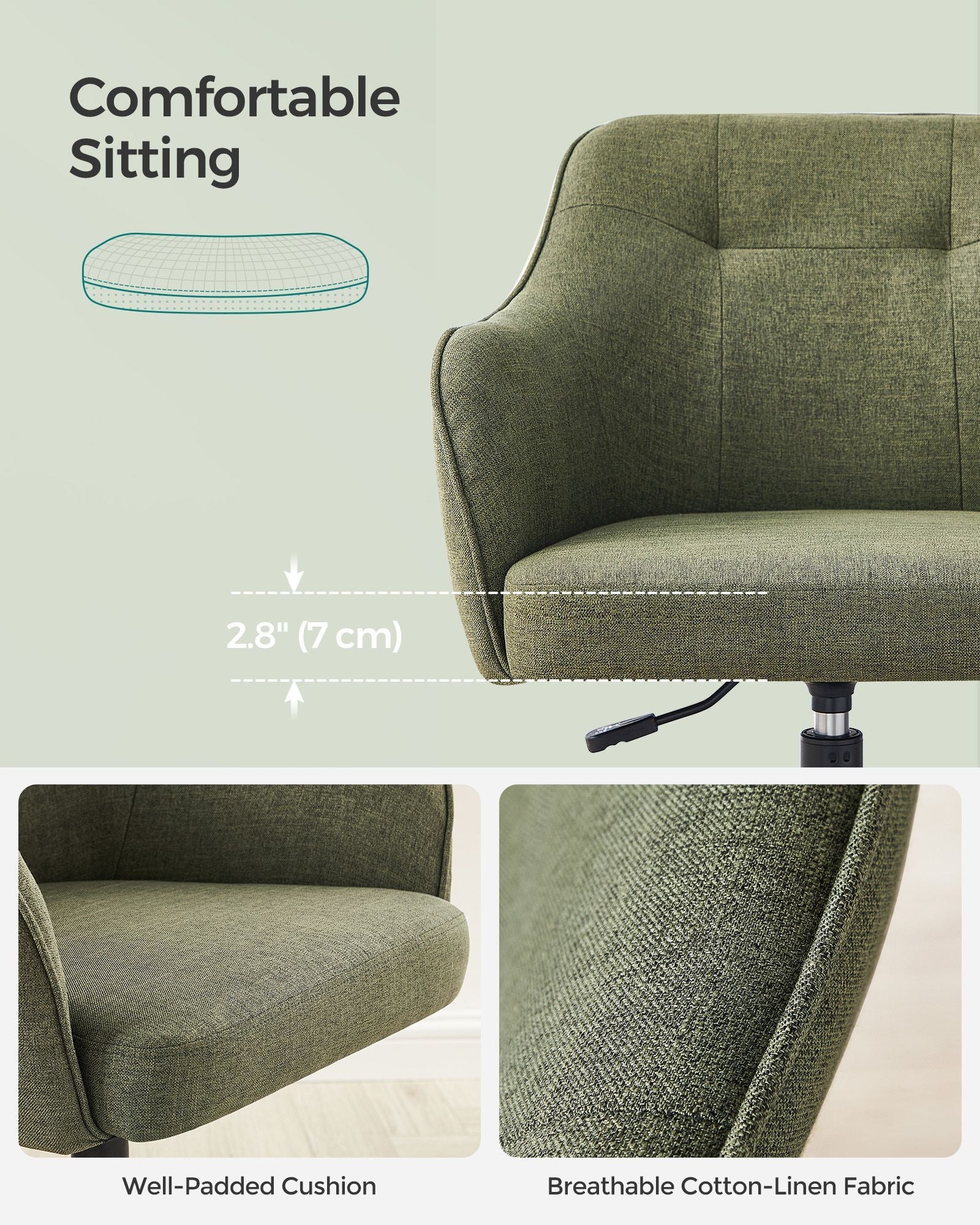 Office Chair – Linenette Fabric – Green – Ergonomic, Height Adjustable, Swivel, 120 kg Load