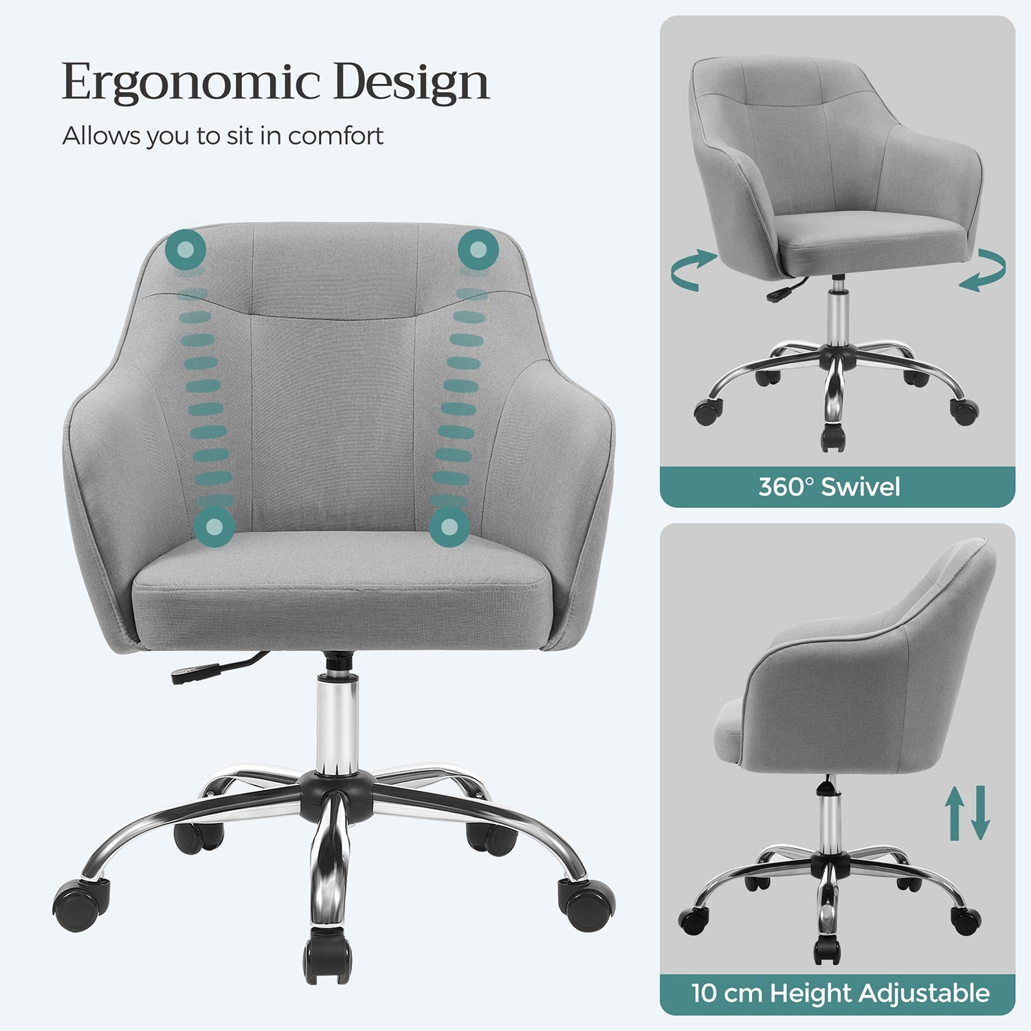 Office Chair – Linenette Fabric – Grey – Ergonomic Design with Adjustable Height and Armrests