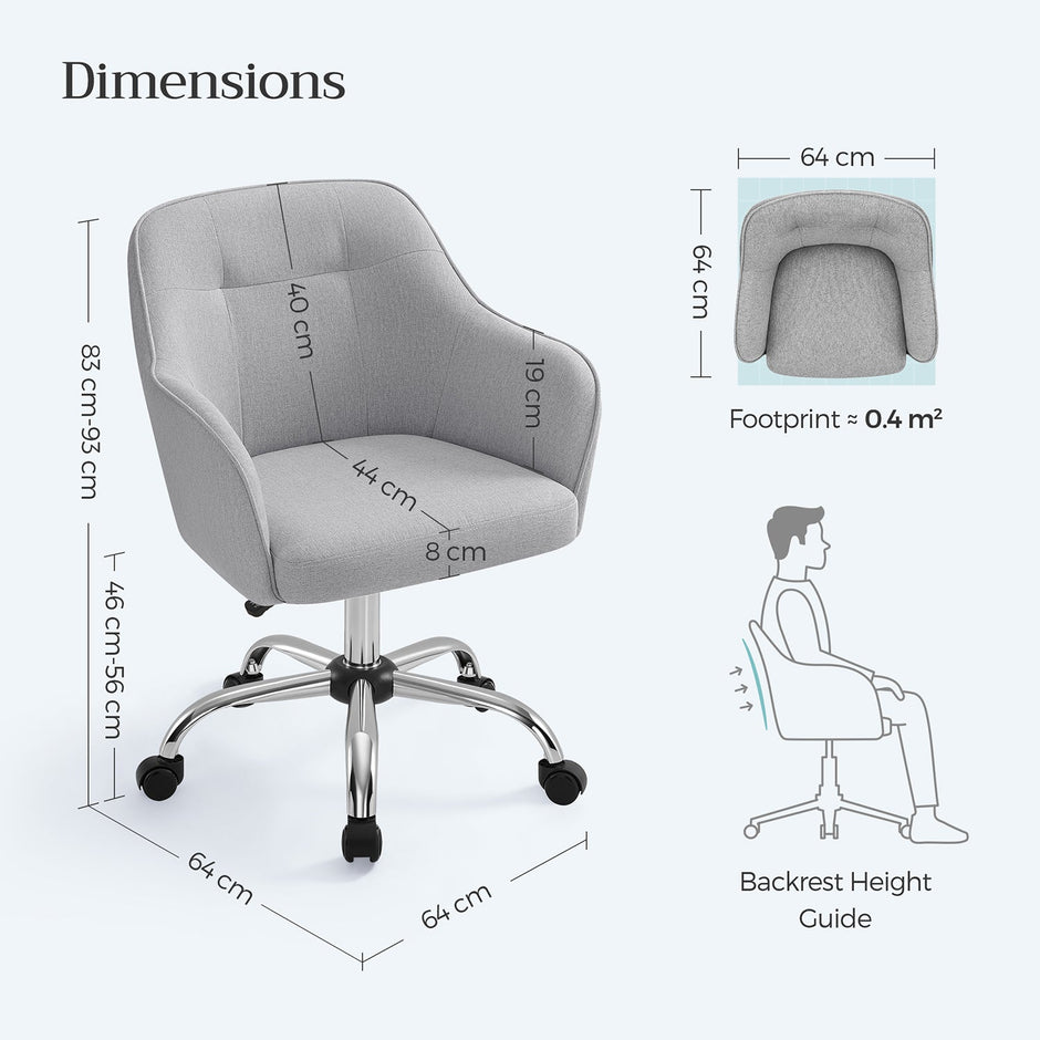 Office Chair – Linenette Fabric – Grey – Ergonomic Design with Adjustable Height and Armrests