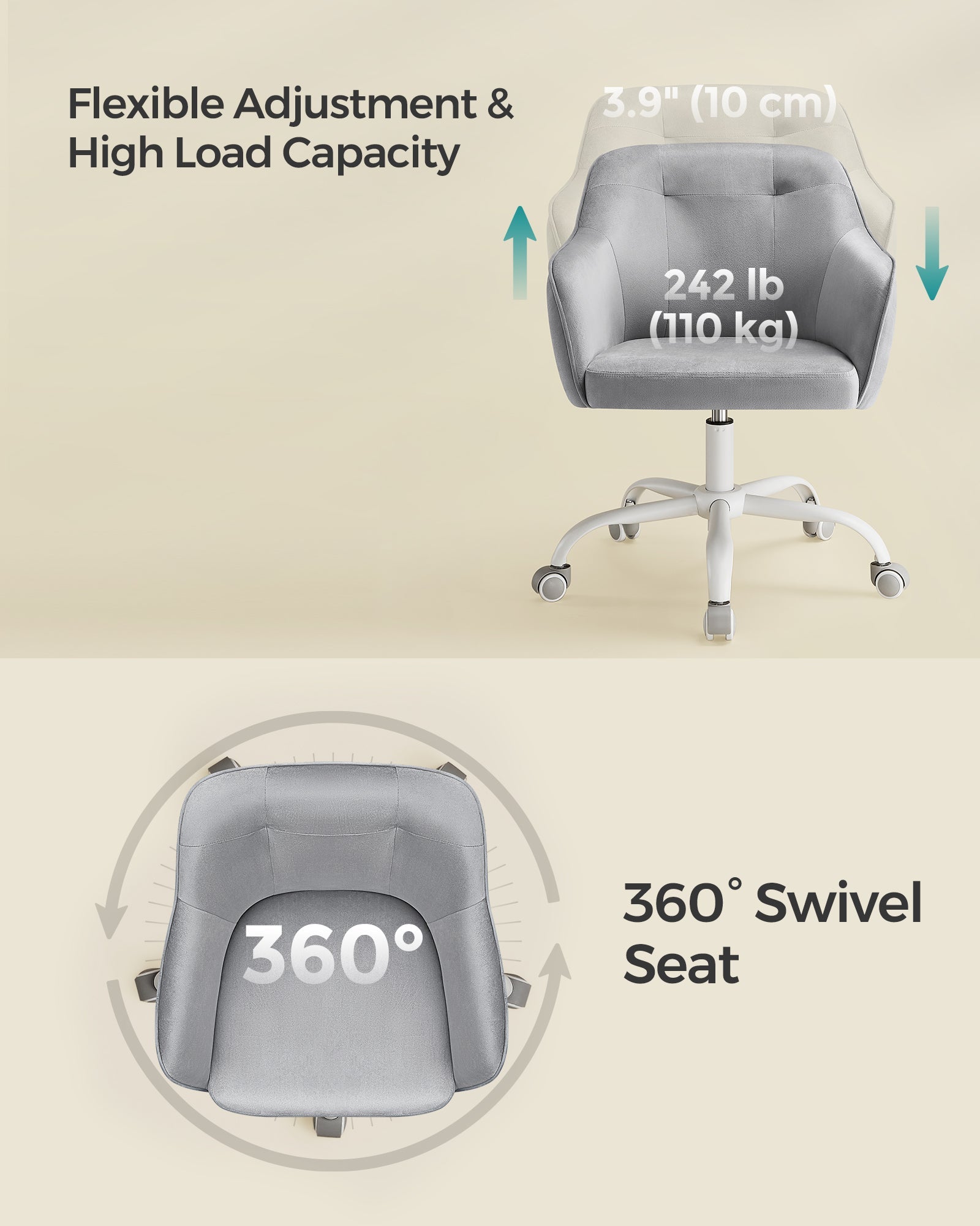 Swivel Office Chair – Linenette Fabric – Dove Grey – Ergonomic Design, Height Adjustable