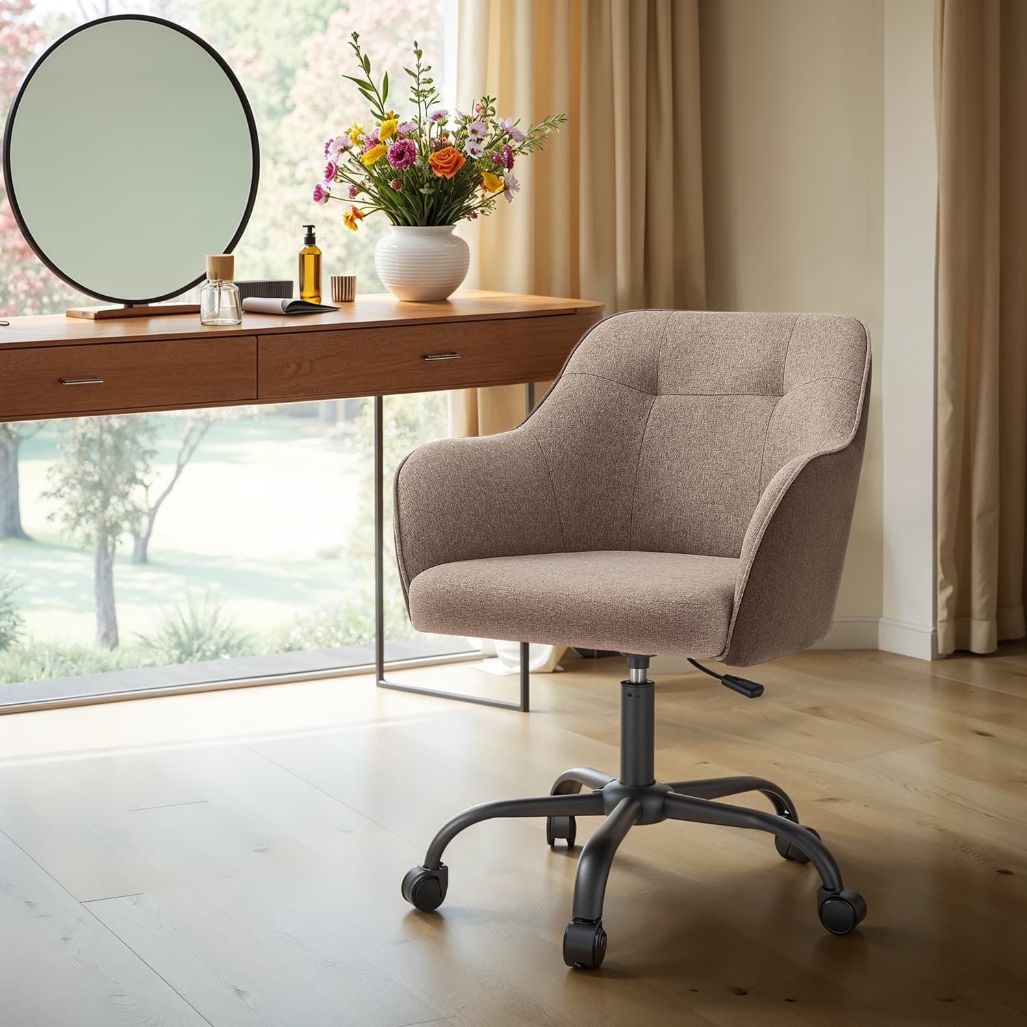 Office Chair – Cotton-Linen Fabric – Brown – Adjustable Height with Armrests