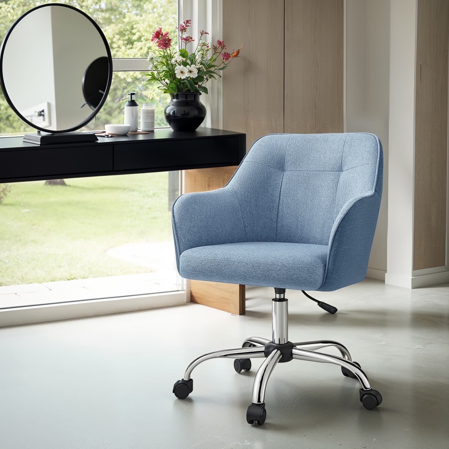 Office Chair – Cotton-Linen Fabric – Blue – Adjustable Height with Armrests