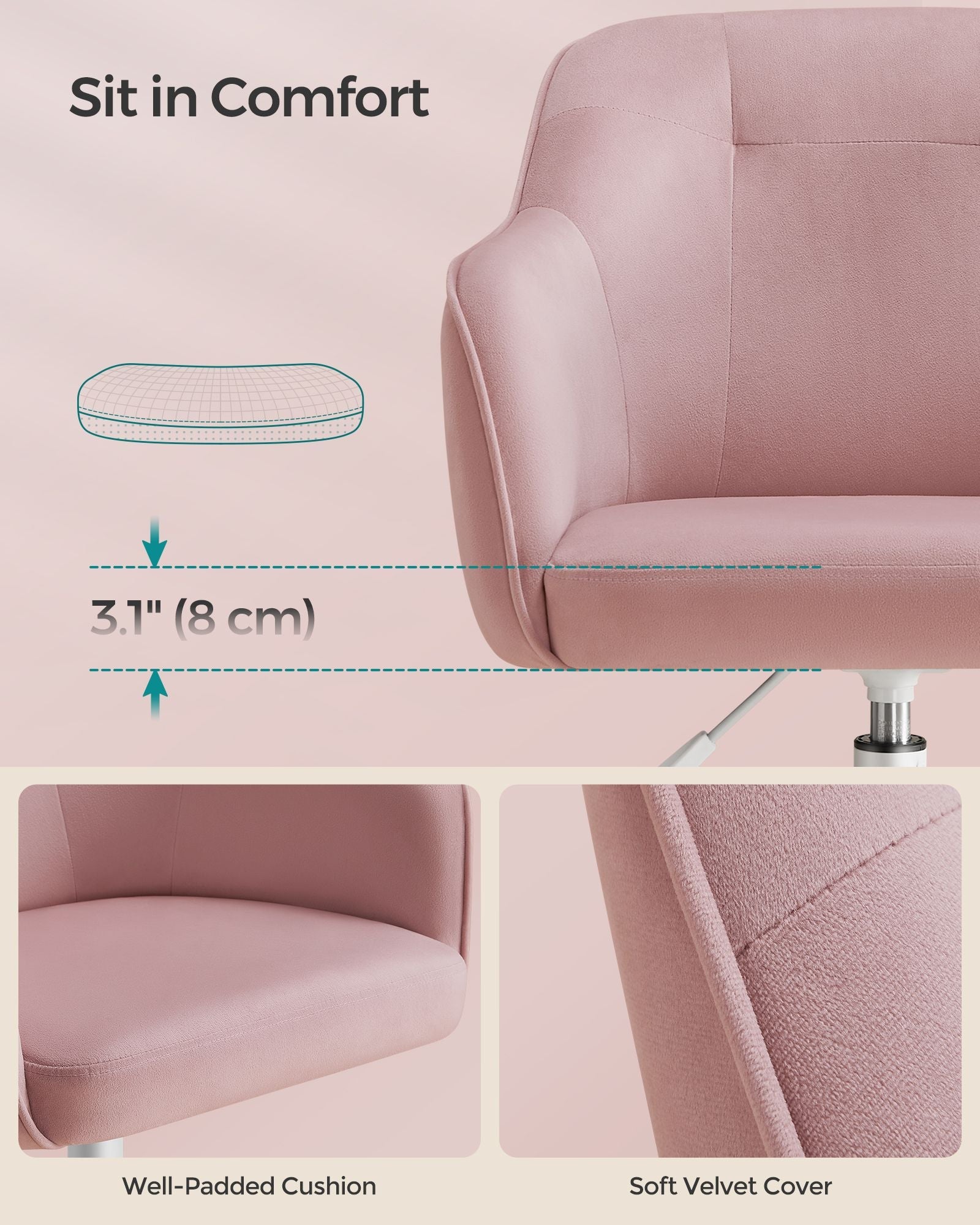 Swivel Office Chair – Linenette Fabric – Jelly Pink – Ergonomic and Height Adjustable