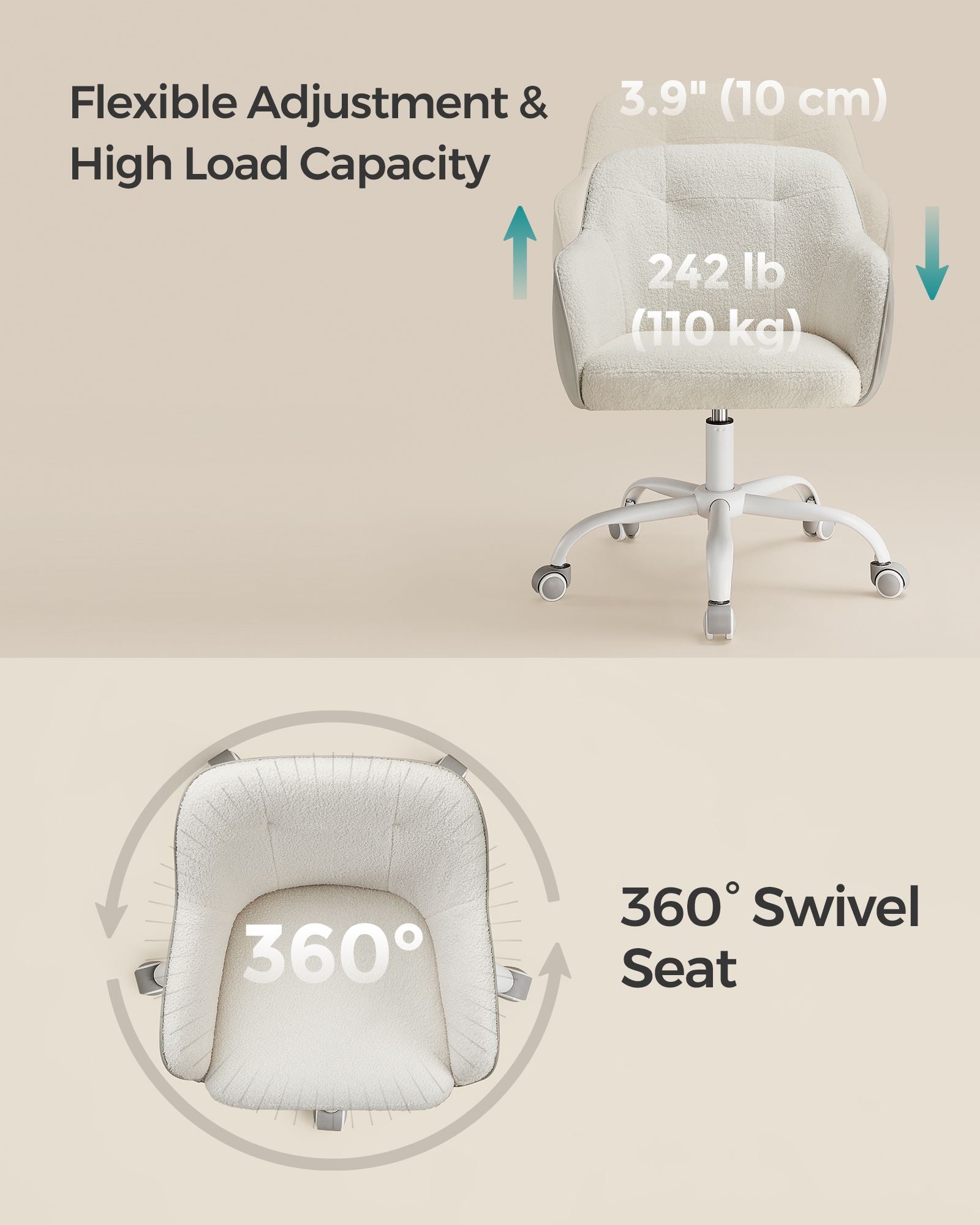 Swivel Desk Chair – Linenette Fabric – Cappuccino Beige – Ergonomic and Height Adjustable