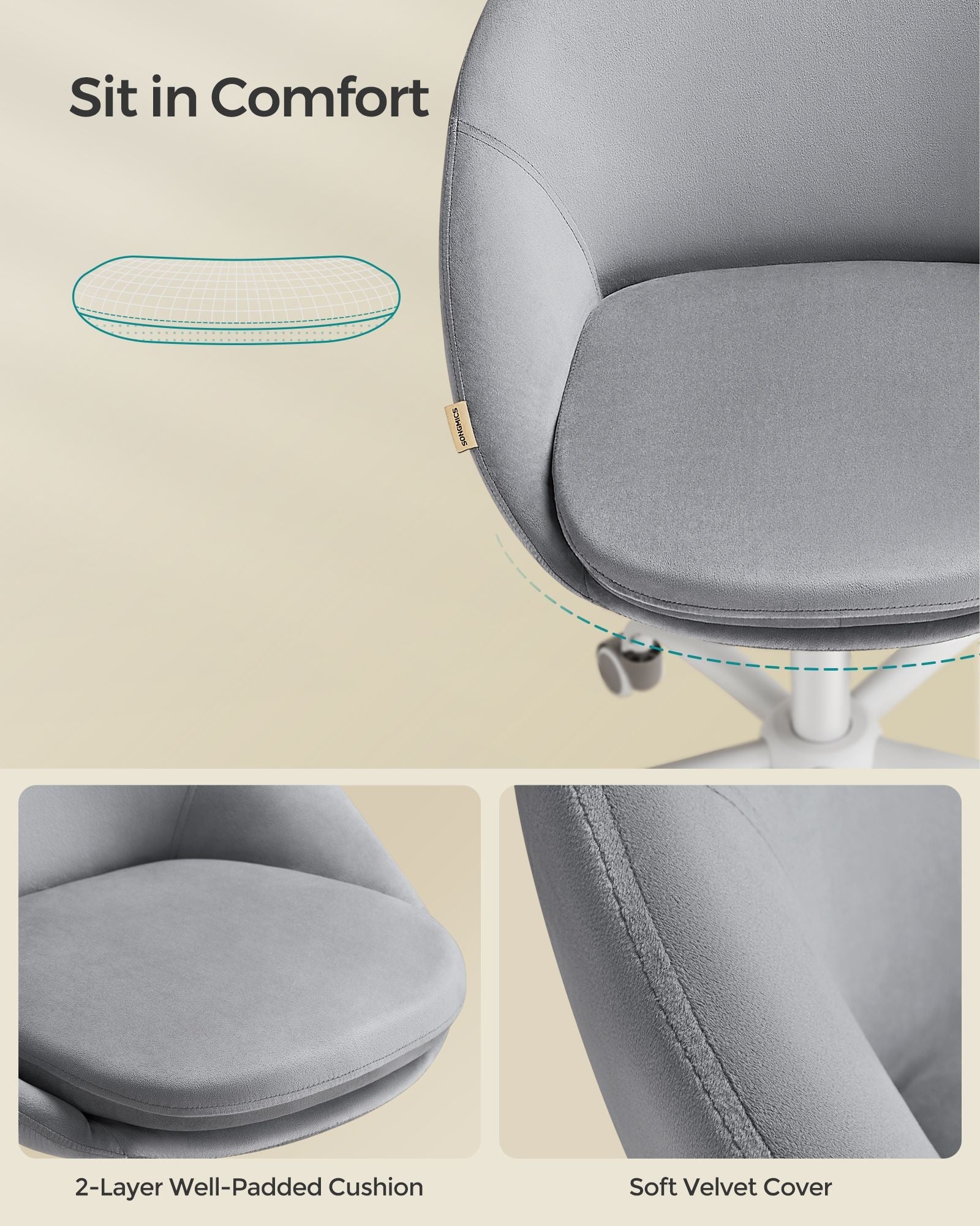 Swivel Chair – Velvet – Dove Grey – Foam Padding, Adjustable Height