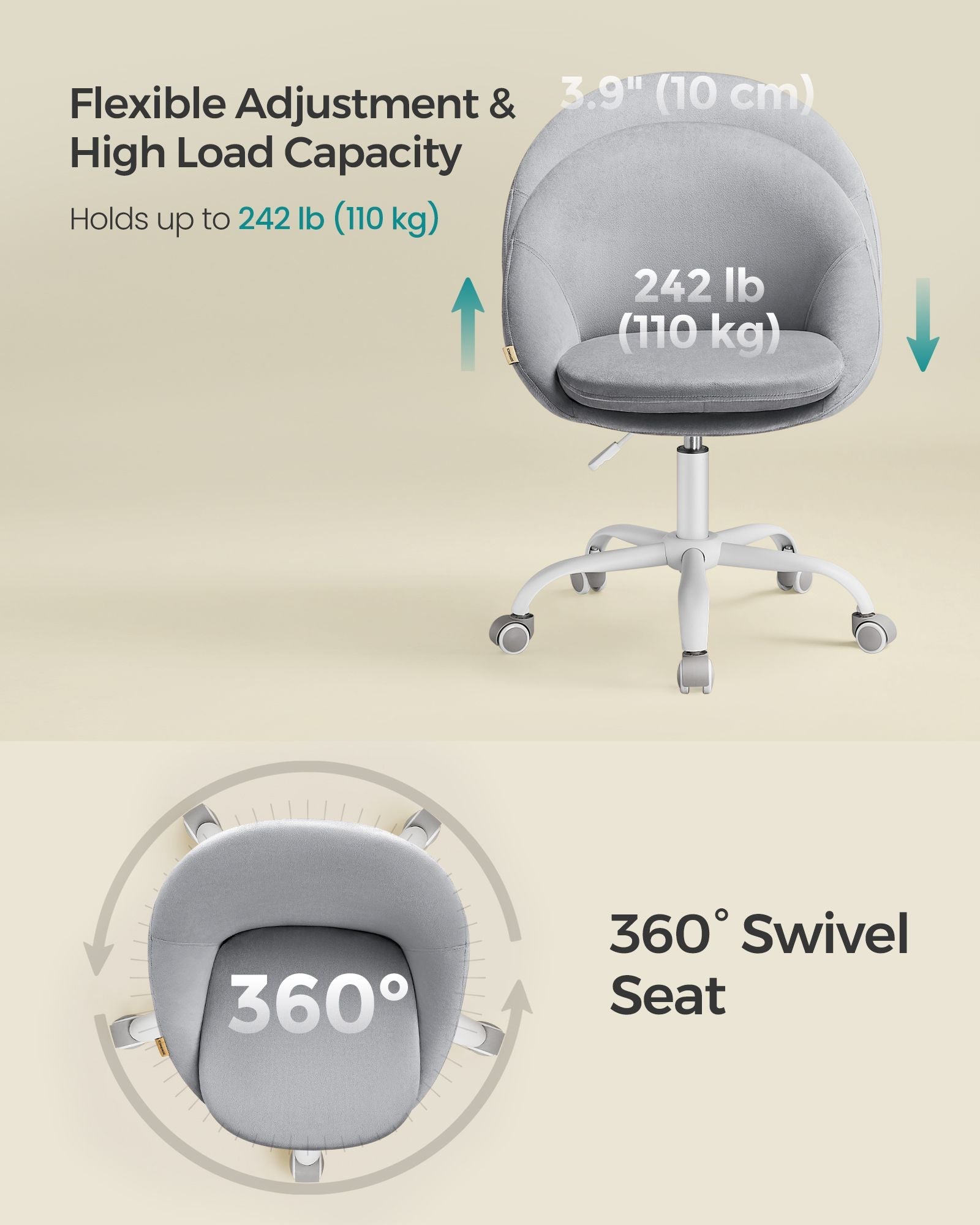 Swivel Chair – Velvet – Dove Grey – Foam Padding, Adjustable Height