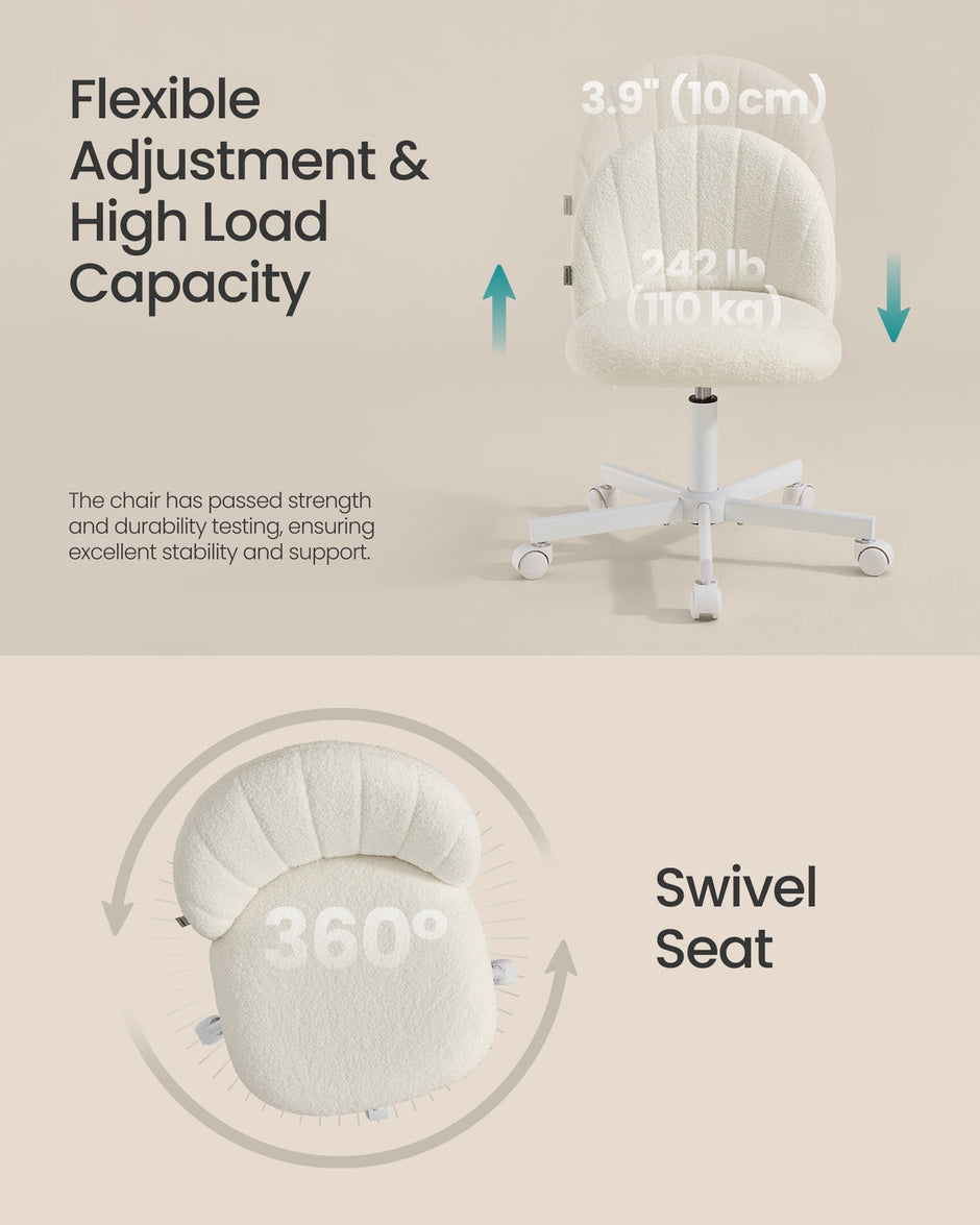 Swivel Office Chair – Teddy Fleece – Cream White – Height Adjustable with Soft Padding