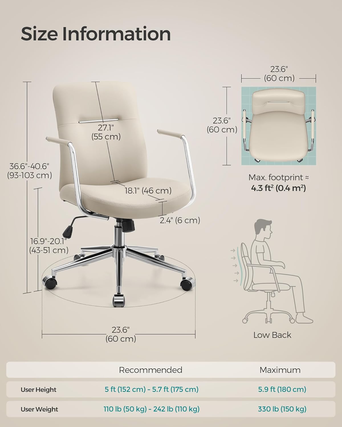 Swivel Office Chair – Synthetic Leather – Cappuccino Beige – Ergonomic Curved Backrest