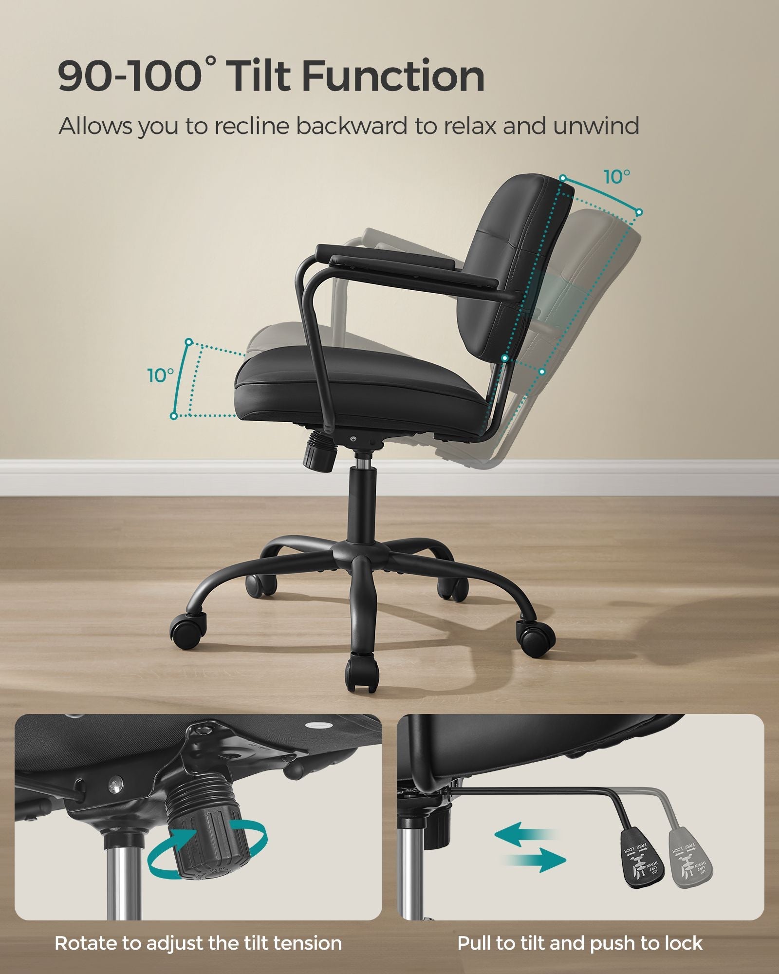 Ergonomic Desk Chair – Synthetic Leather – Ink Black – Adjustable Height with Tilt Function