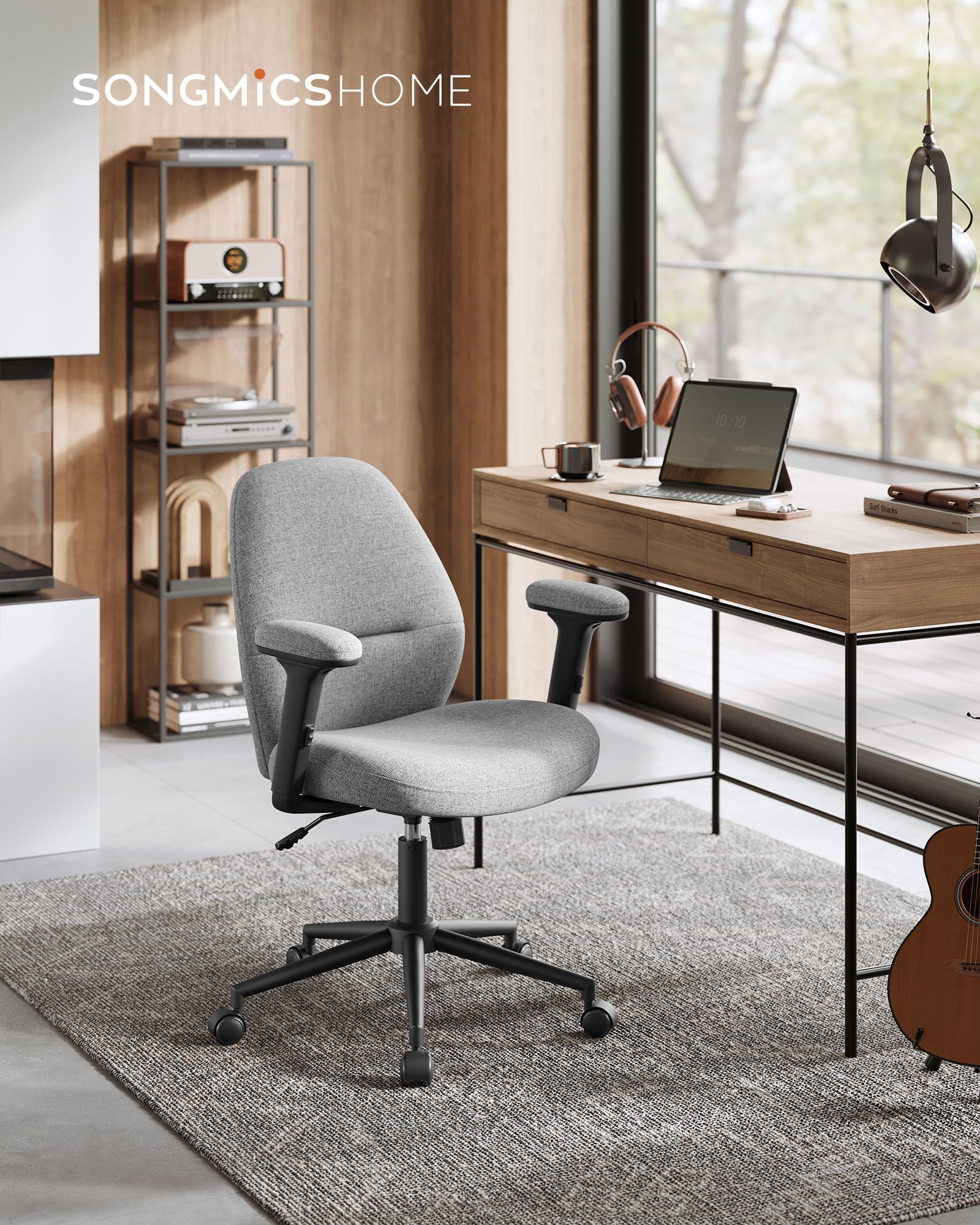 Office Chair – Cotton-Linen Fabric – Dove Grey – Adjustable Armrests and Height, Wide Soft Seat, Swivel Design