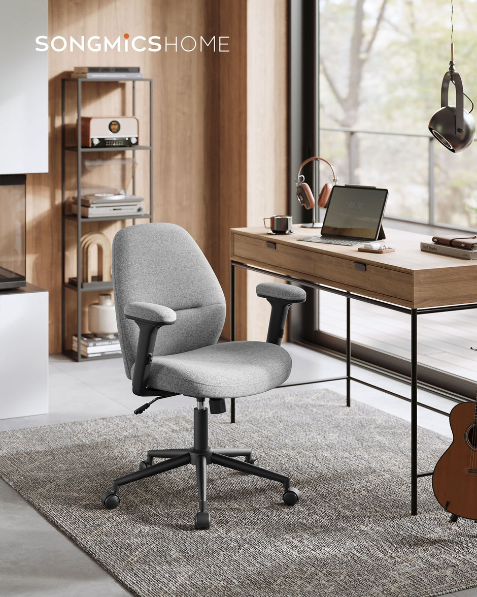 Office Chair – Cotton-Linen Fabric – Dove Grey – Adjustable Armrests and Height, Wide Soft Seat, Swivel Design