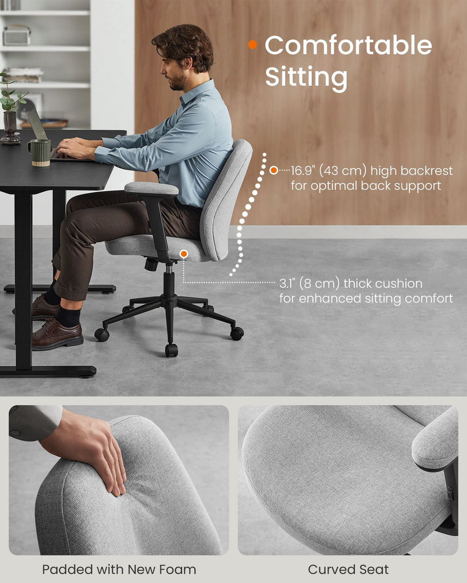 Office Chair – Cotton-Linen Fabric – Dove Grey – Adjustable Armrests and Height, Wide Soft Seat, Swivel Design