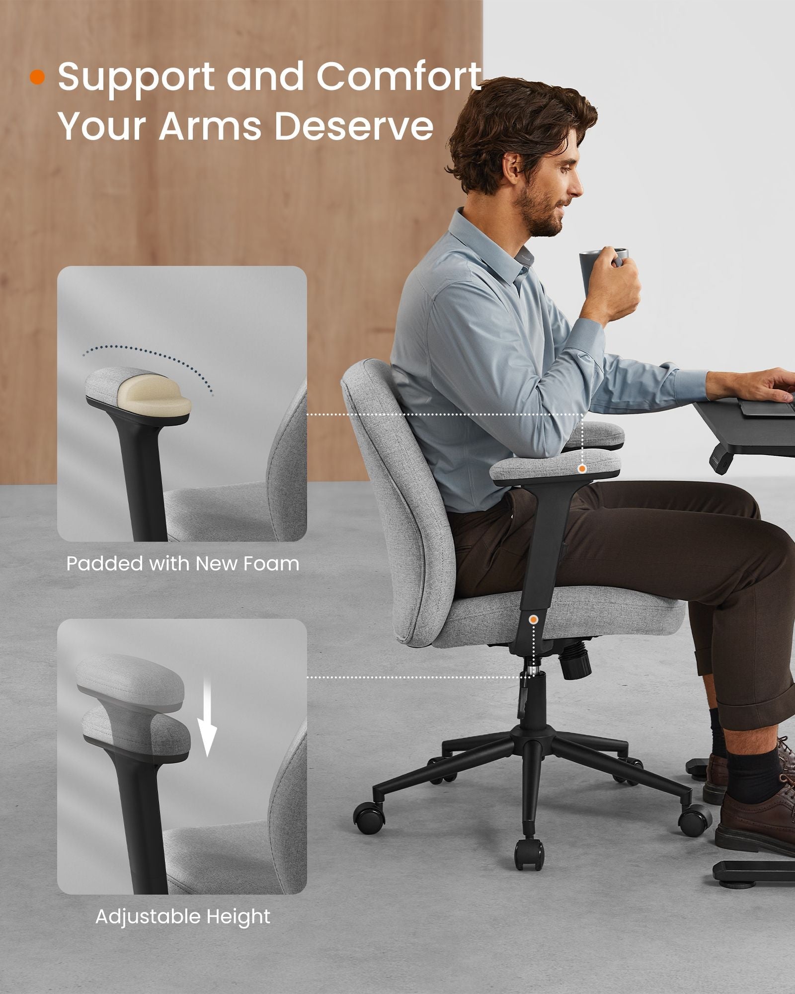 Office Chair – Cotton-Linen Fabric – Dove Grey – Adjustable Armrests and Height, Wide Soft Seat, Swivel Design