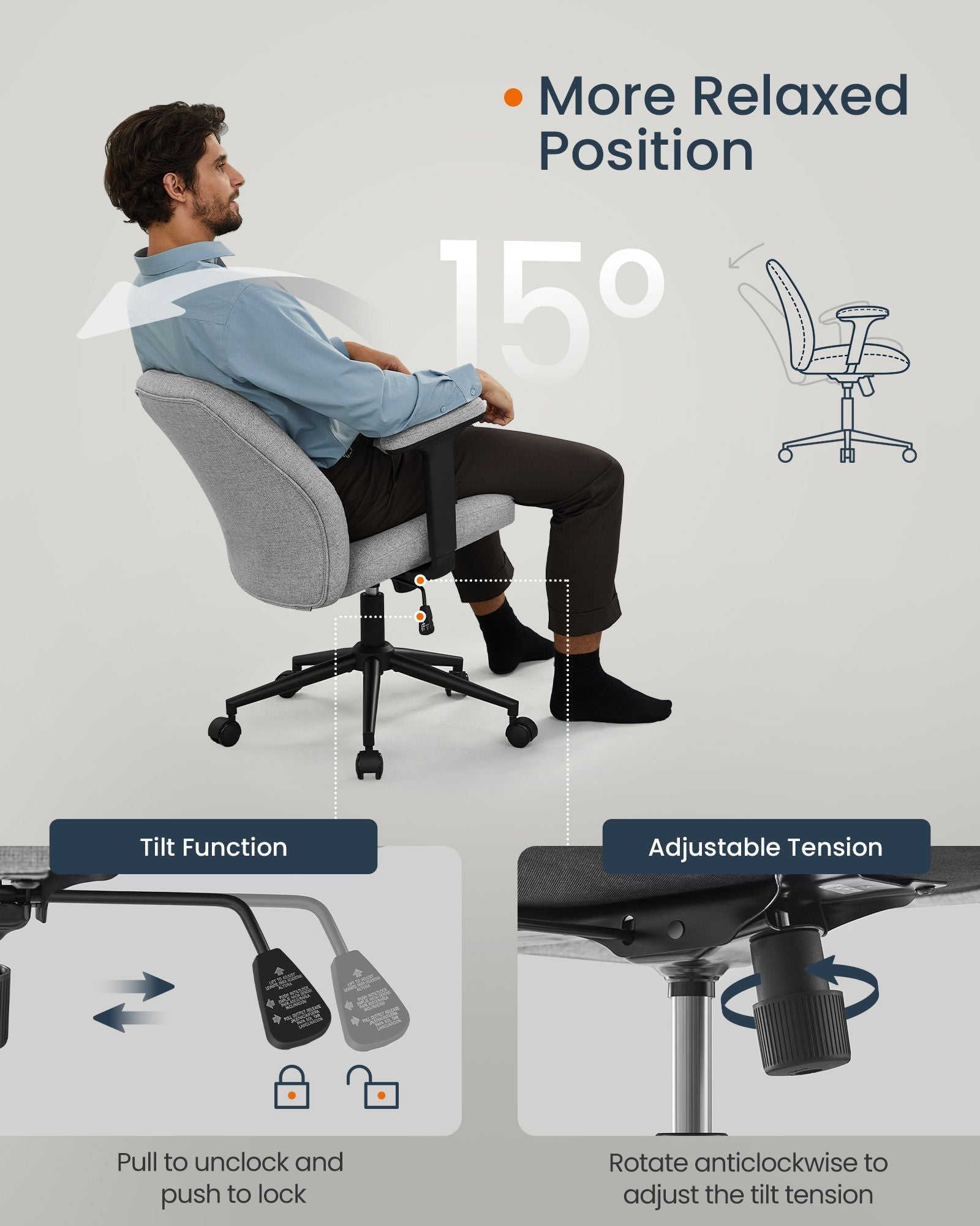 Office Chair – Cotton-Linen Fabric – Dove Grey – Adjustable Armrests and Height, Wide Soft Seat, Swivel Design