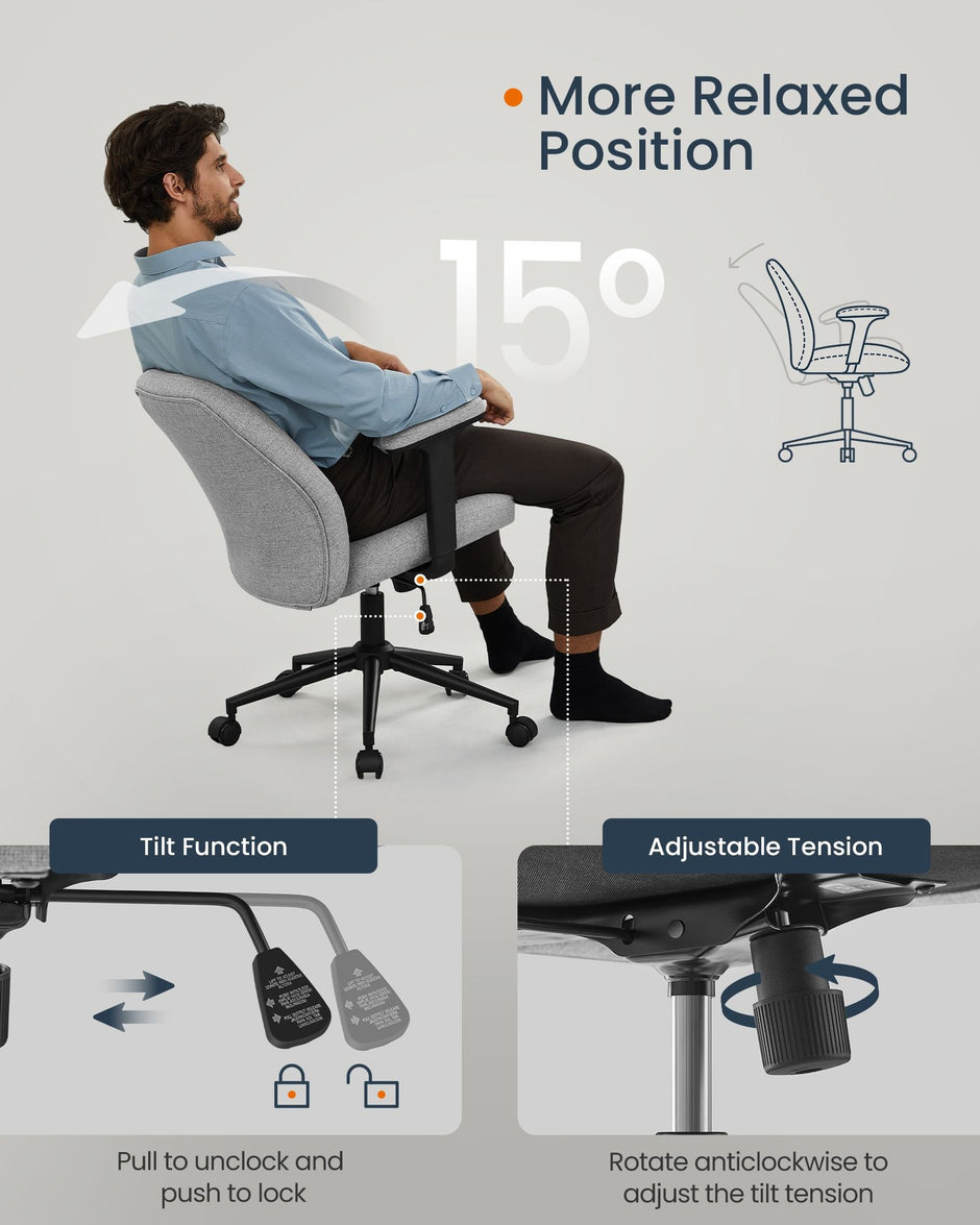 Office Chair – Cotton-Linen Fabric – Dove Grey – Adjustable Armrests and Height, Wide Soft Seat, Swivel Design