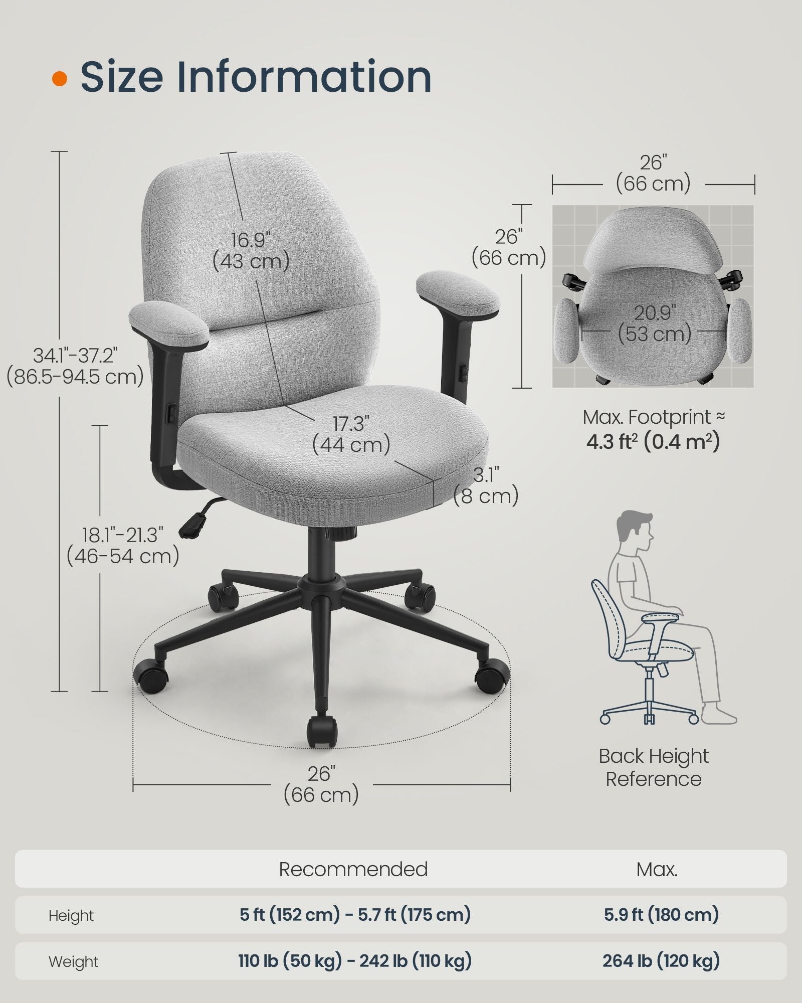 Office Chair – Cotton-Linen Fabric – Dove Grey – Adjustable Armrests and Height, Wide Soft Seat, Swivel Design