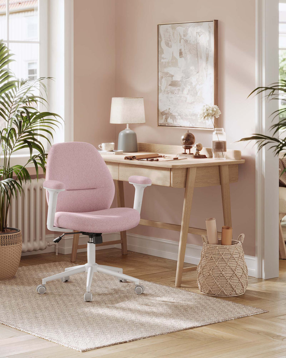 Cross Legged Office Chair – Cotton-Linen Fabric – Jelly Pink – Adjustable Armrests and Height, Swivel Design