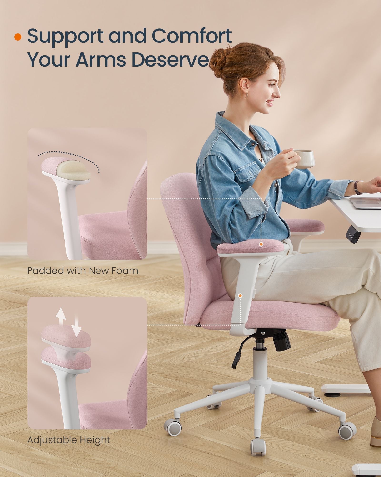 Cross Legged Office Chair – Cotton-Linen Fabric – Jelly Pink – Adjustable Armrests and Height, Swivel Design