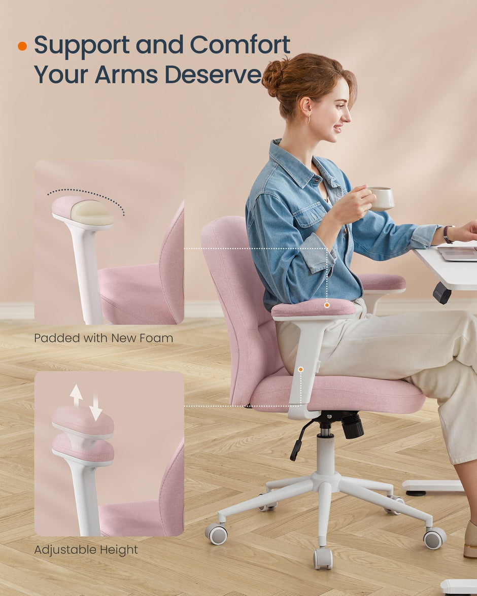 Cross Legged Office Chair – Cotton-Linen Fabric – Jelly Pink – Adjustable Armrests and Height, Swivel Design