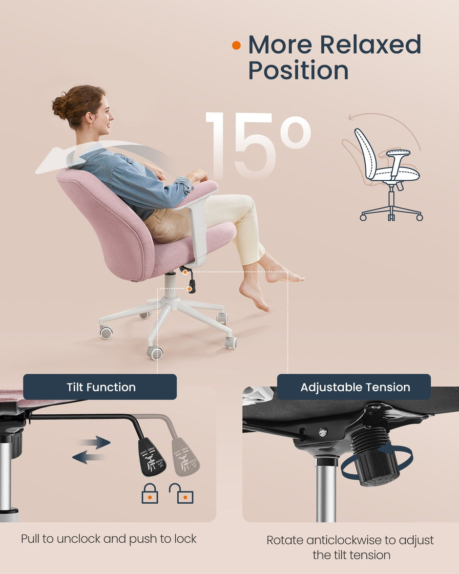 Cross Legged Office Chair – Cotton-Linen Fabric – Jelly Pink – Adjustable Armrests and Height, Swivel Design