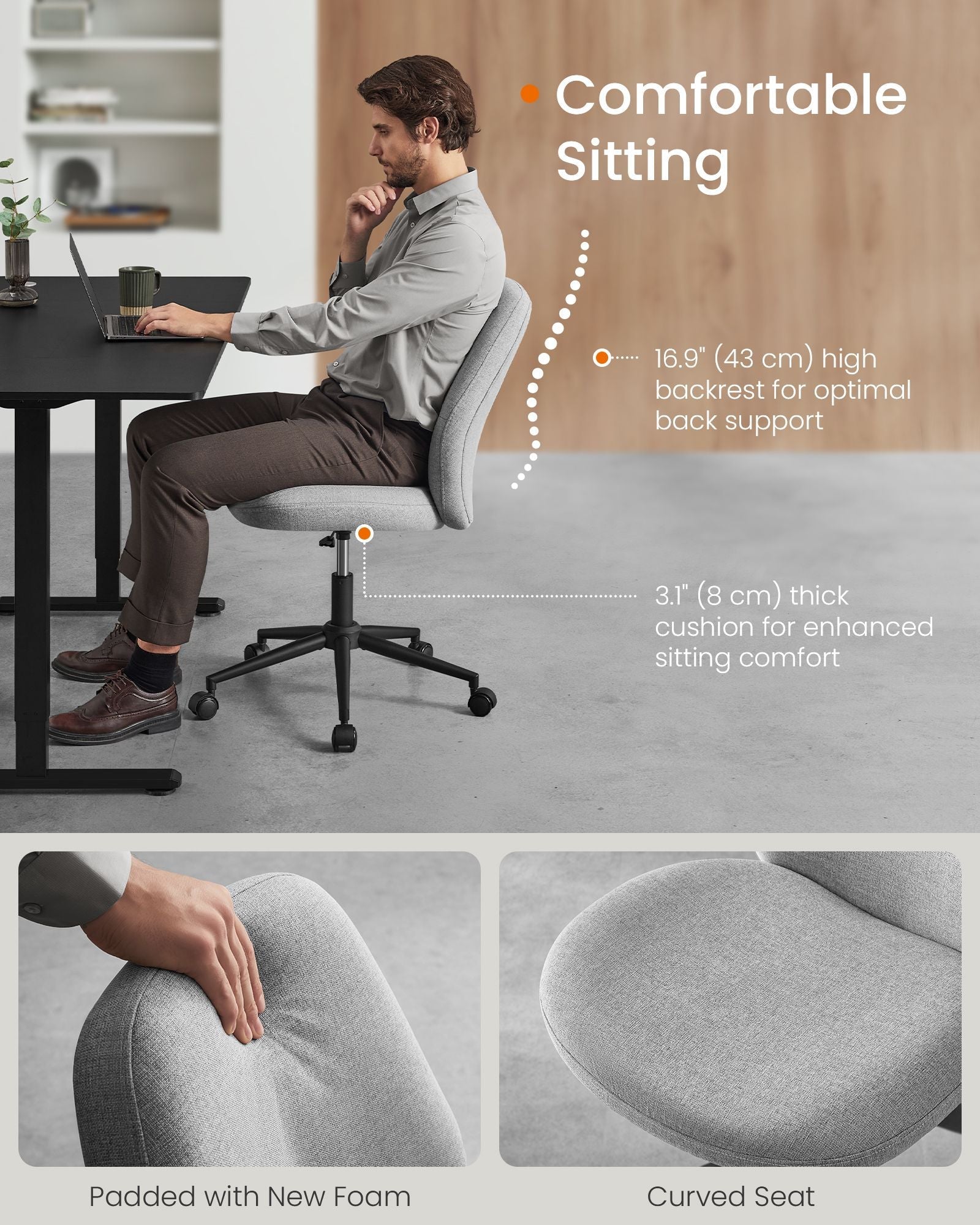 Armless Office Chair – Cotton-Linen – Dove Grey – Adjustable Height, Swivel, High Backrest