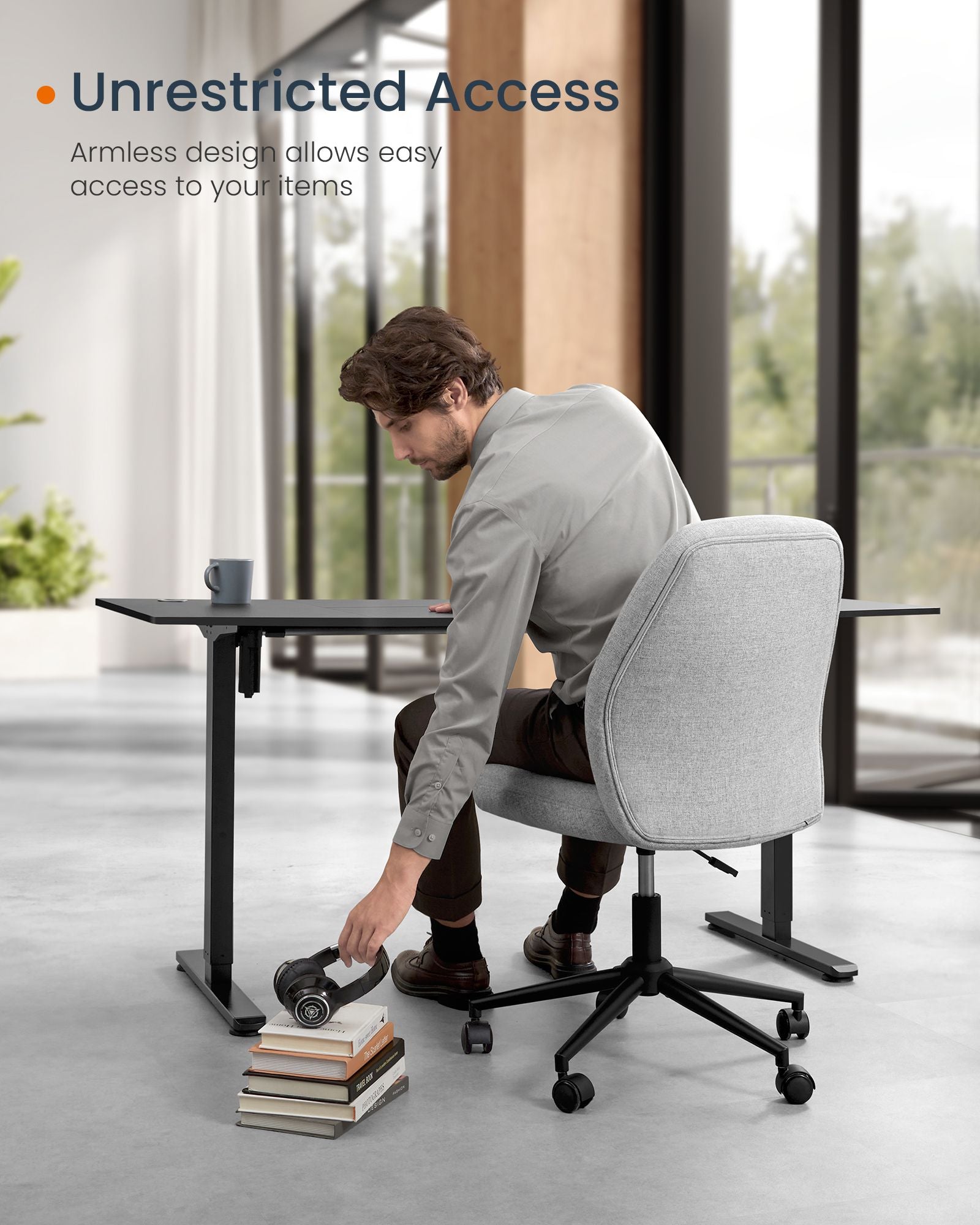 Armless Office Chair – Cotton-Linen – Dove Grey – Adjustable Height, Swivel, High Backrest
